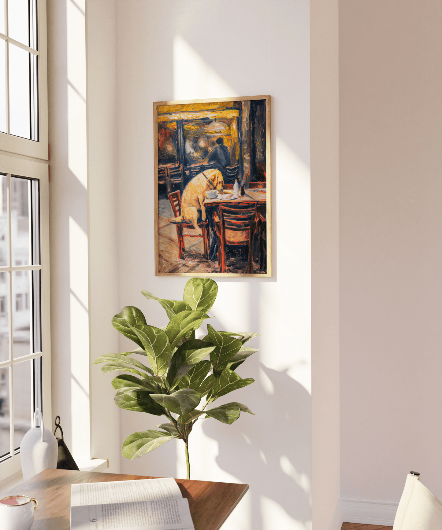 Painting of a Labrador dog eating dinner at an American diner, on a blank wall - Paw Prints