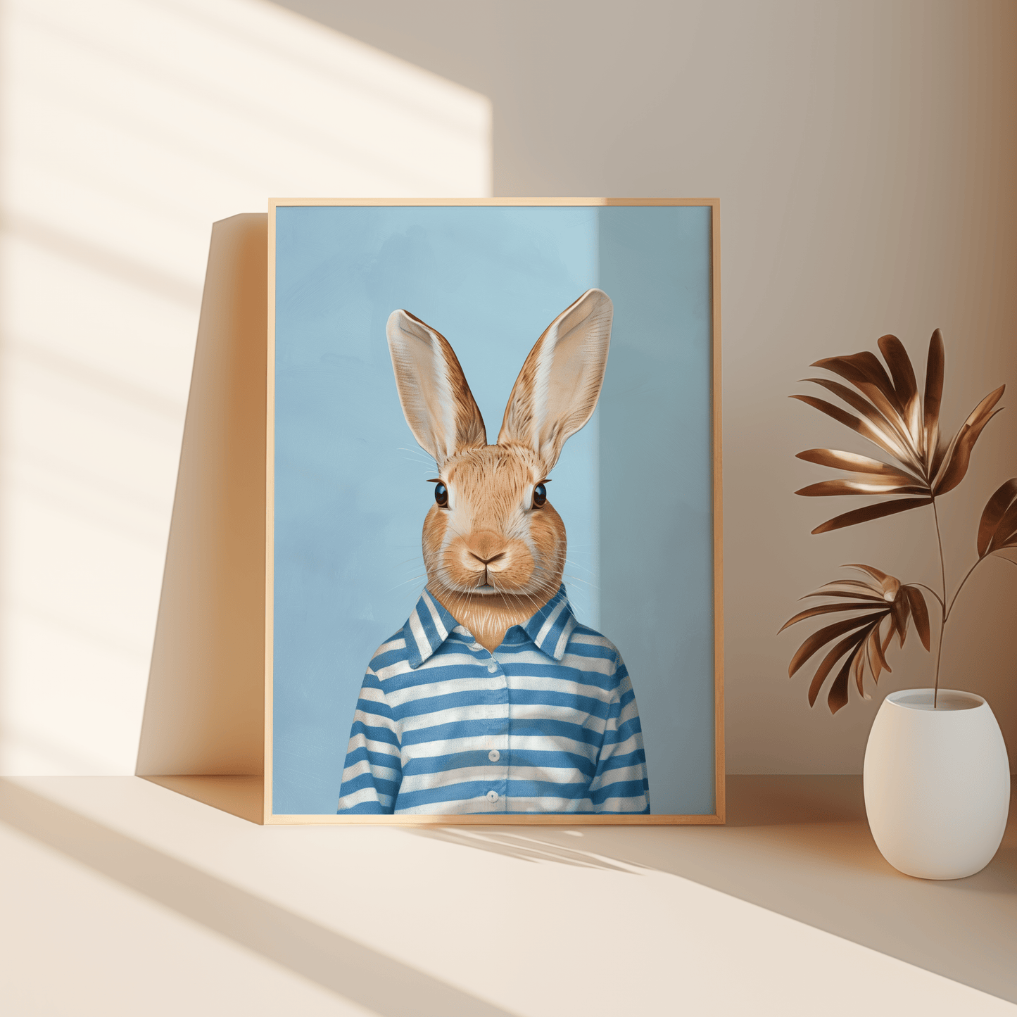Portrait of a rabbit wearing stipped blue and white pajamas, leaning against the bedroom floor - Paw Prints