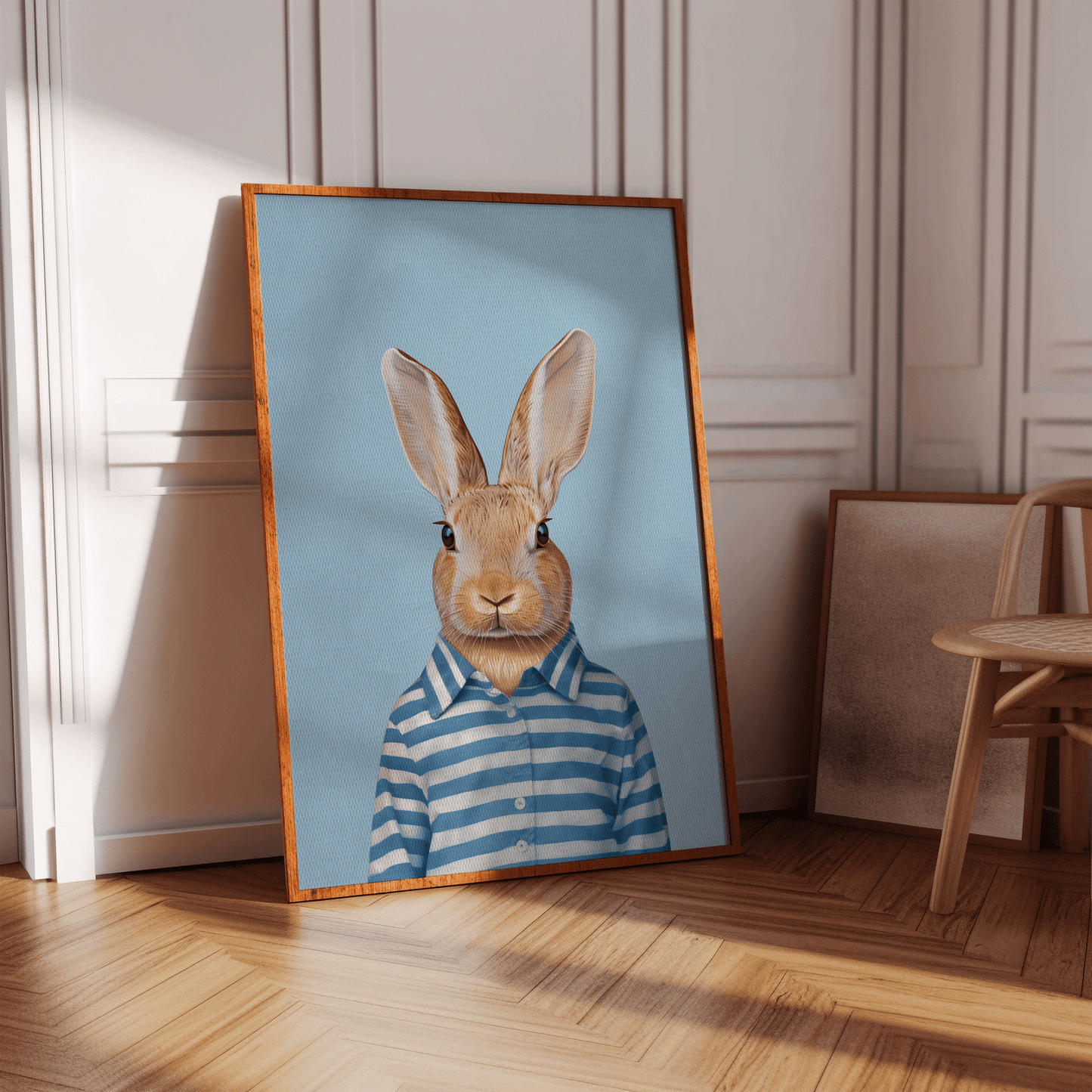 Portrait of a rabbit wearing stipped blue and white pajamas, in a hallway - Paw Prints