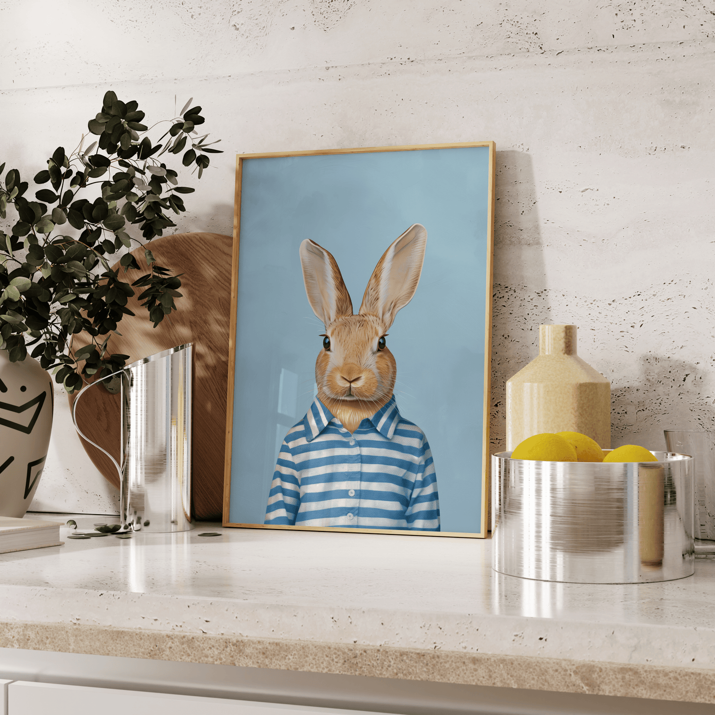 Portrait of a rabbit wearing stipped blue and white pajamas, leaning against the kitchen counter - Paw Prints