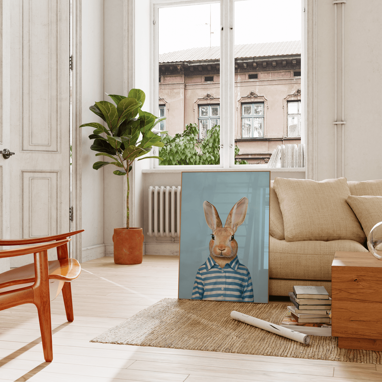 Portrait of a rabbit wearing stipped blue and white pajamas, leaning against the living room couch - Paw Prints