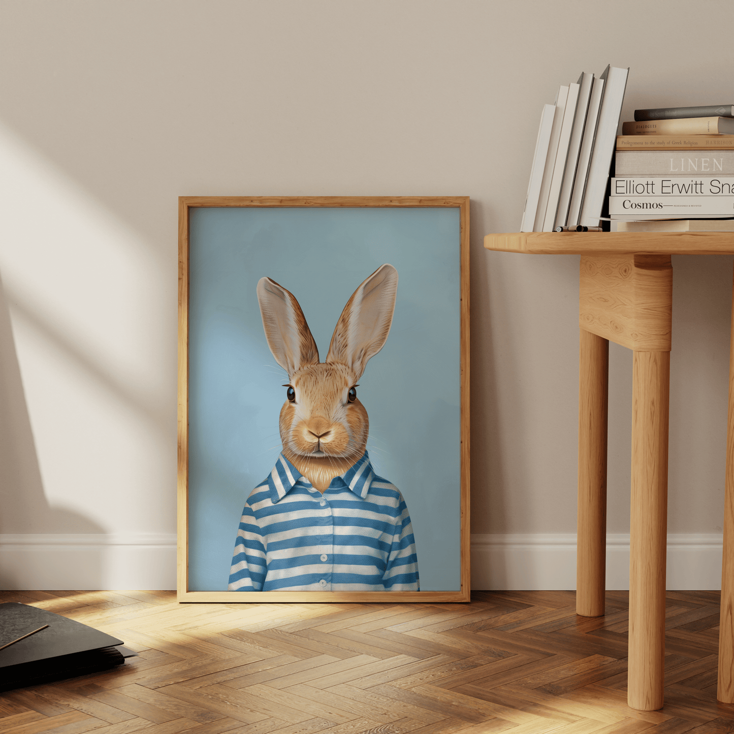 Portrait of a rabbit wearing stipped blue and white pajamas, leaning against the office wall - Paw Prints