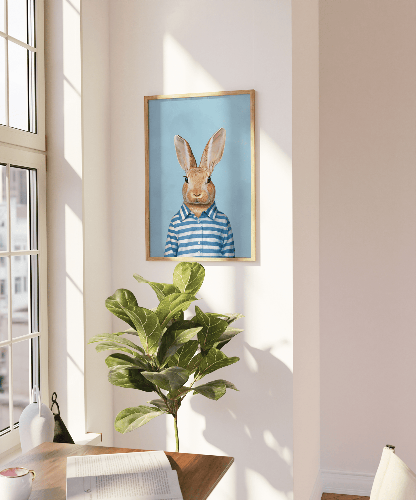 Portrait of a rabbit wearing stipped blue and white pajamas, on a blank wall - Paw Prints