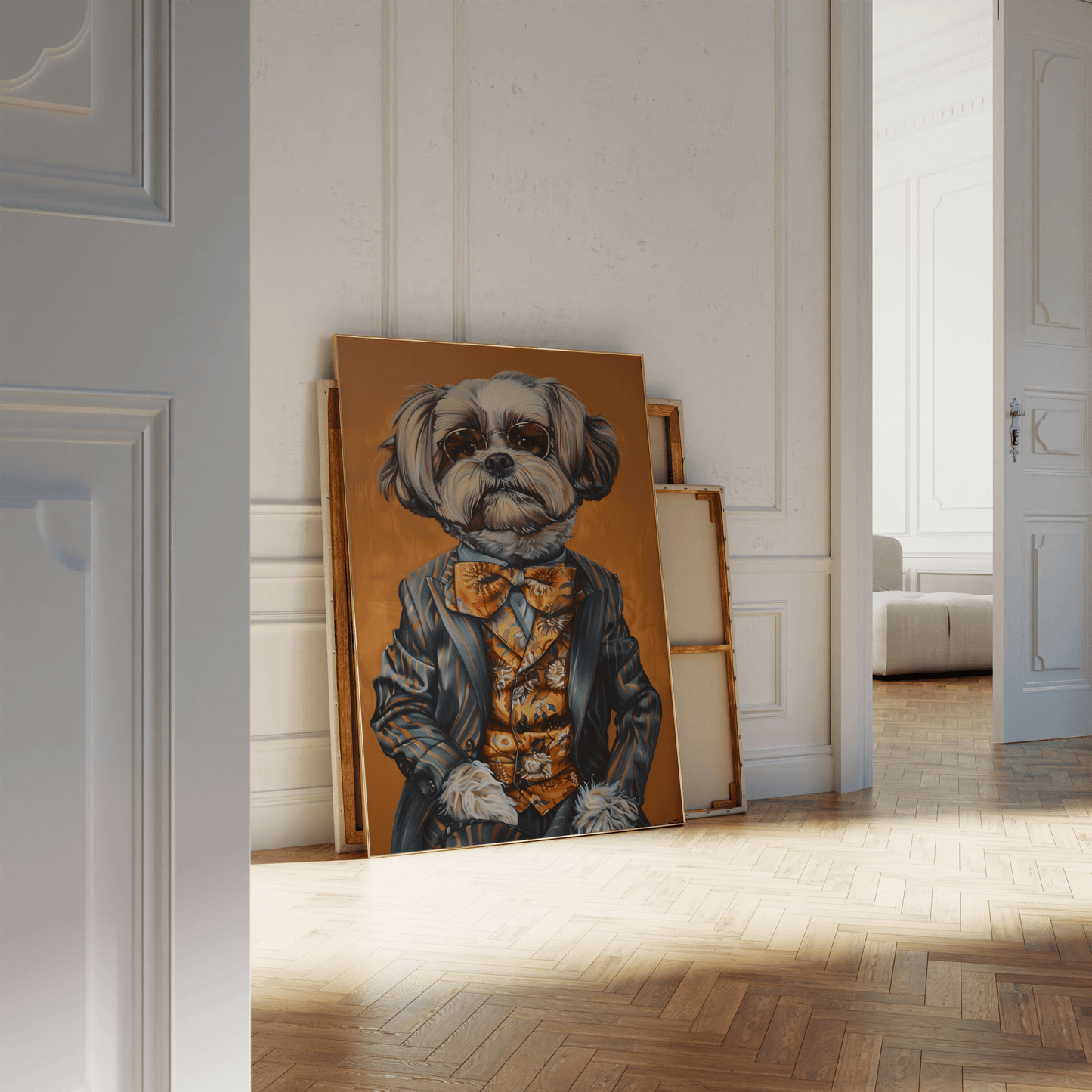 Vintage painting of a dog dressed in a patterned suit and a floral tie, leaning against a white bathroom wall - Paw Prints