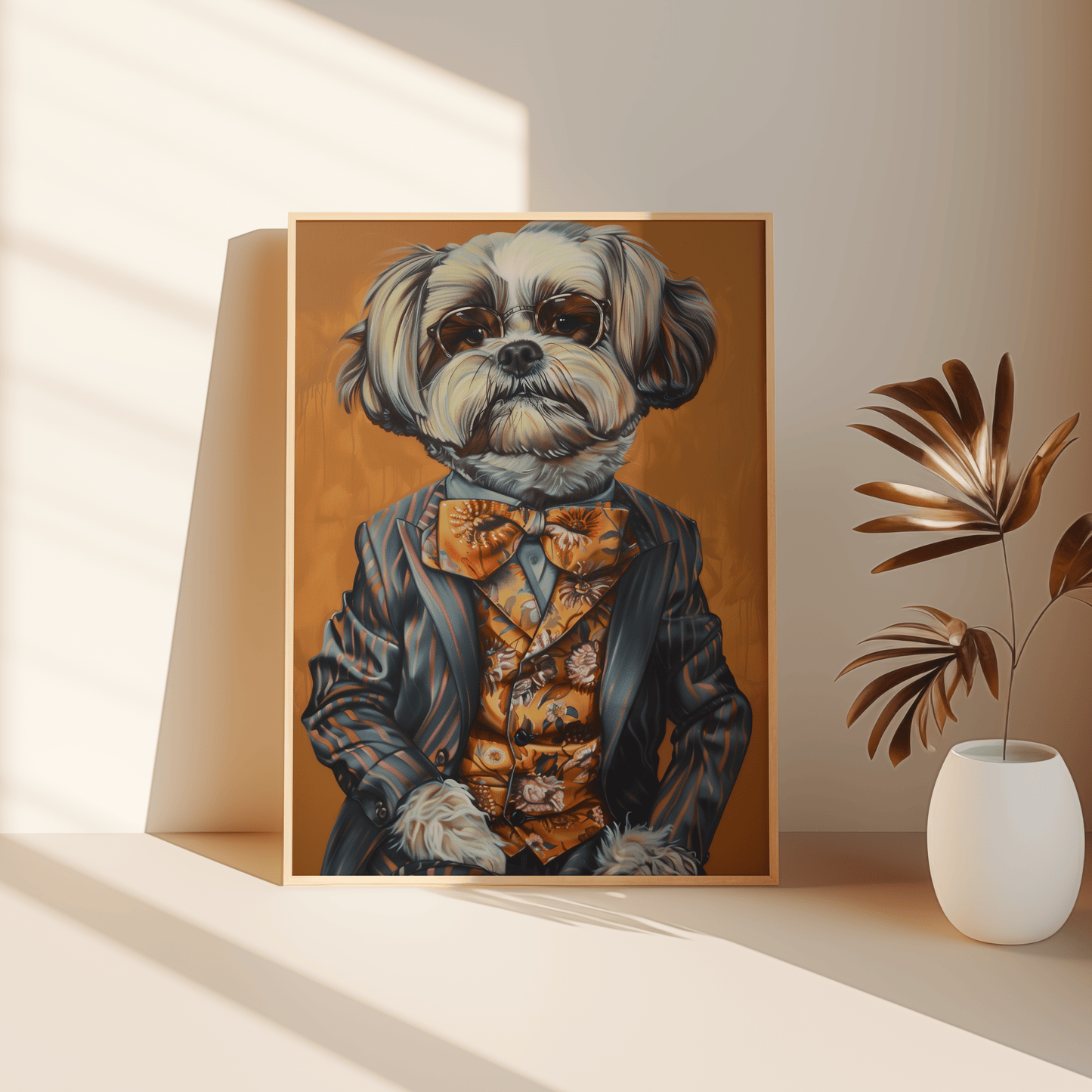 Vintage painting of a dog dressed in a patterned suit and a floral tie, leaning against the bedroom floor - Paw Prints