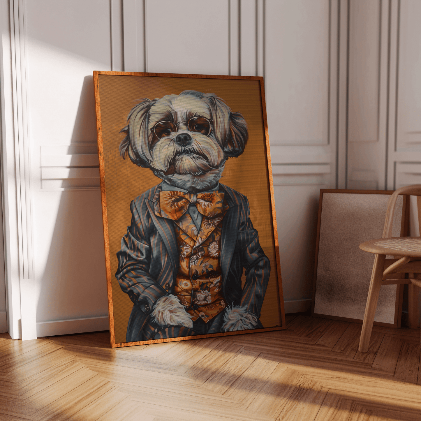 Vintage painting of a stylish dog dressed in a patterned suit and a floral tie, in a hallway - Paw Prints