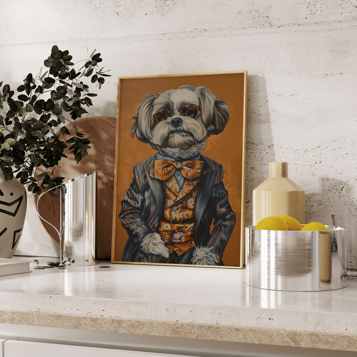 Vintage painting of a dog dressed in a patterned suit and a floral tie, leaning against the kitchen counter - Paw Prints