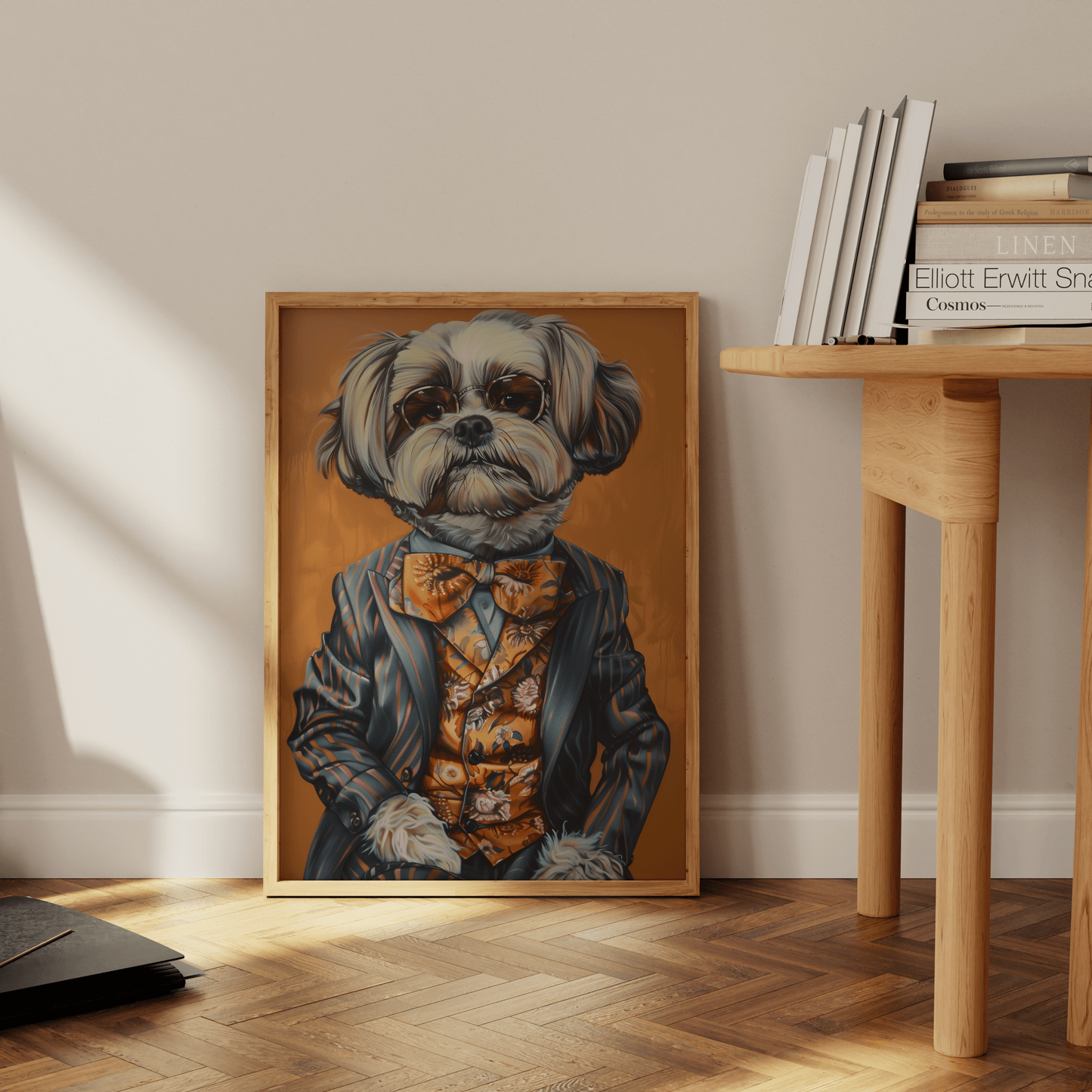 Vintage painting of a dog dressed in a patterned suit and a floral tie, leaning against the office wall - Paw Prints