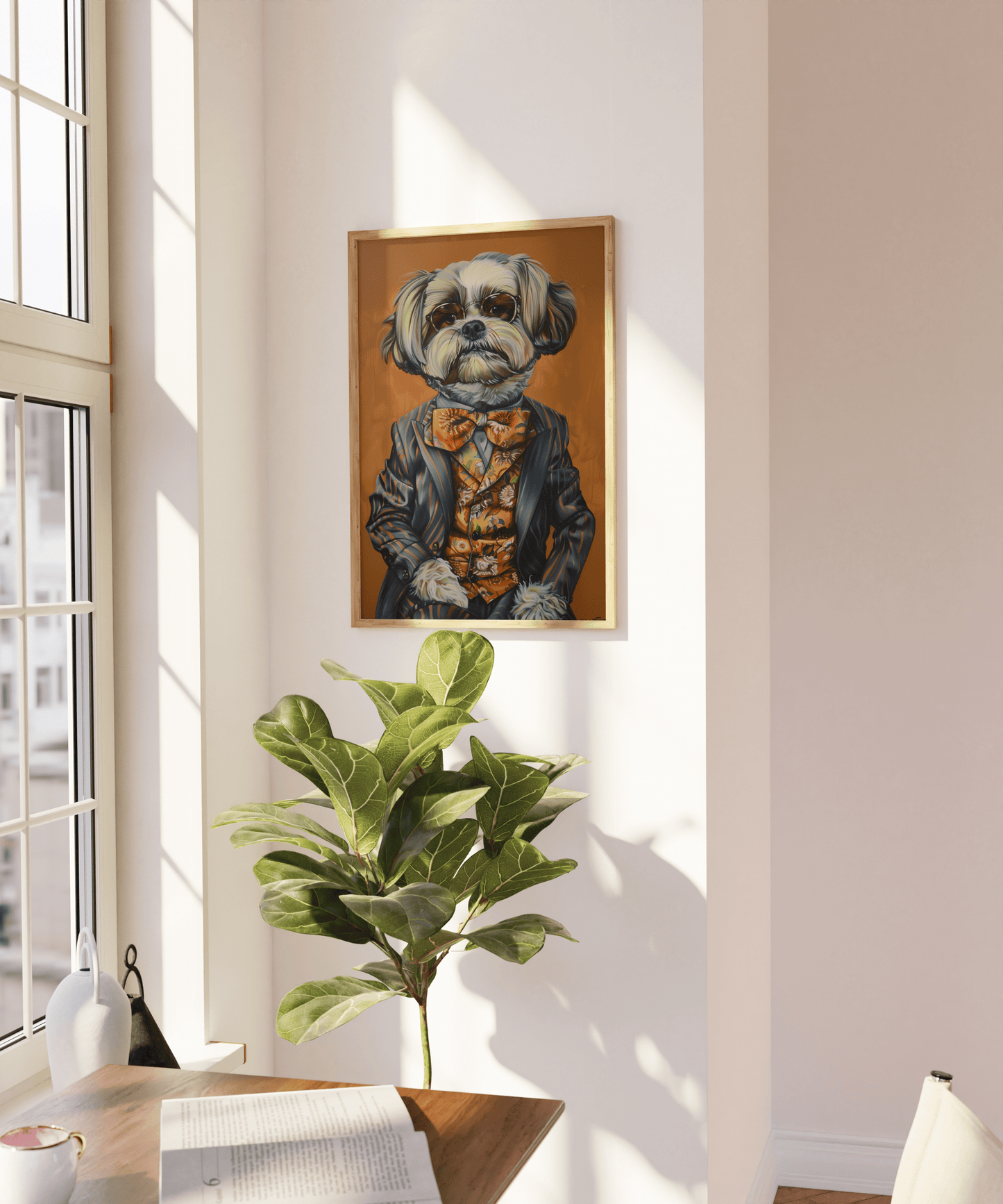 Vintage painting of a dog dressed in a patterned suit and a floral tie, on a blank wall - Paw Prints