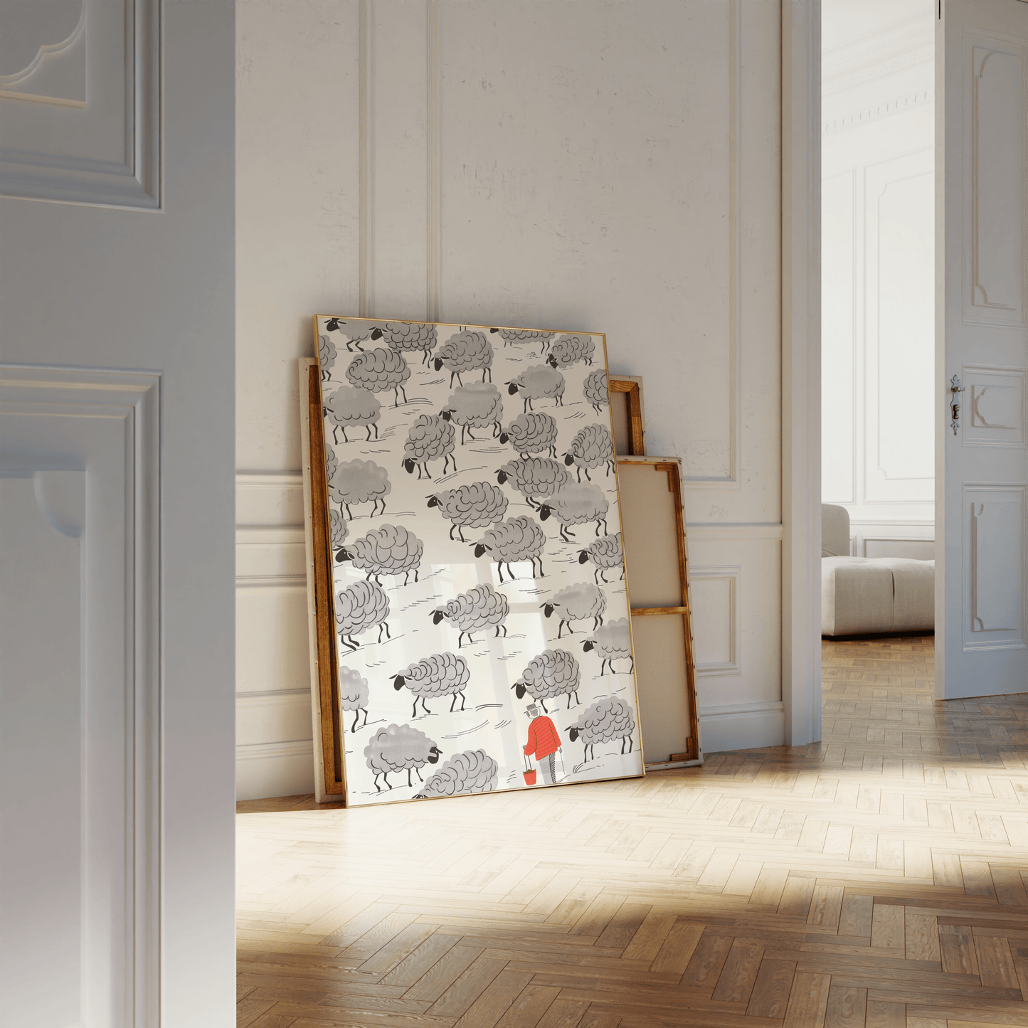 Painting of a gray sheep herd led by a man wearing bright red, leaning against a white bathroom wall - Paw Prints