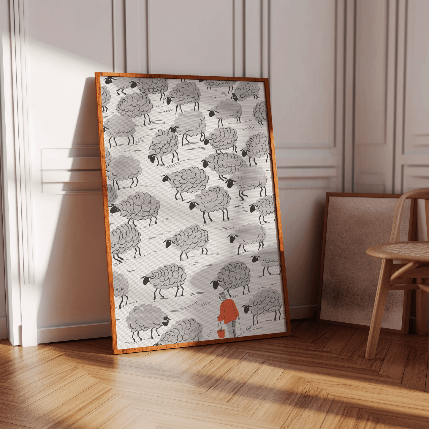 Painting of a gray sheep herd led by a man wearing bright red, in a hallway - Paw Prints