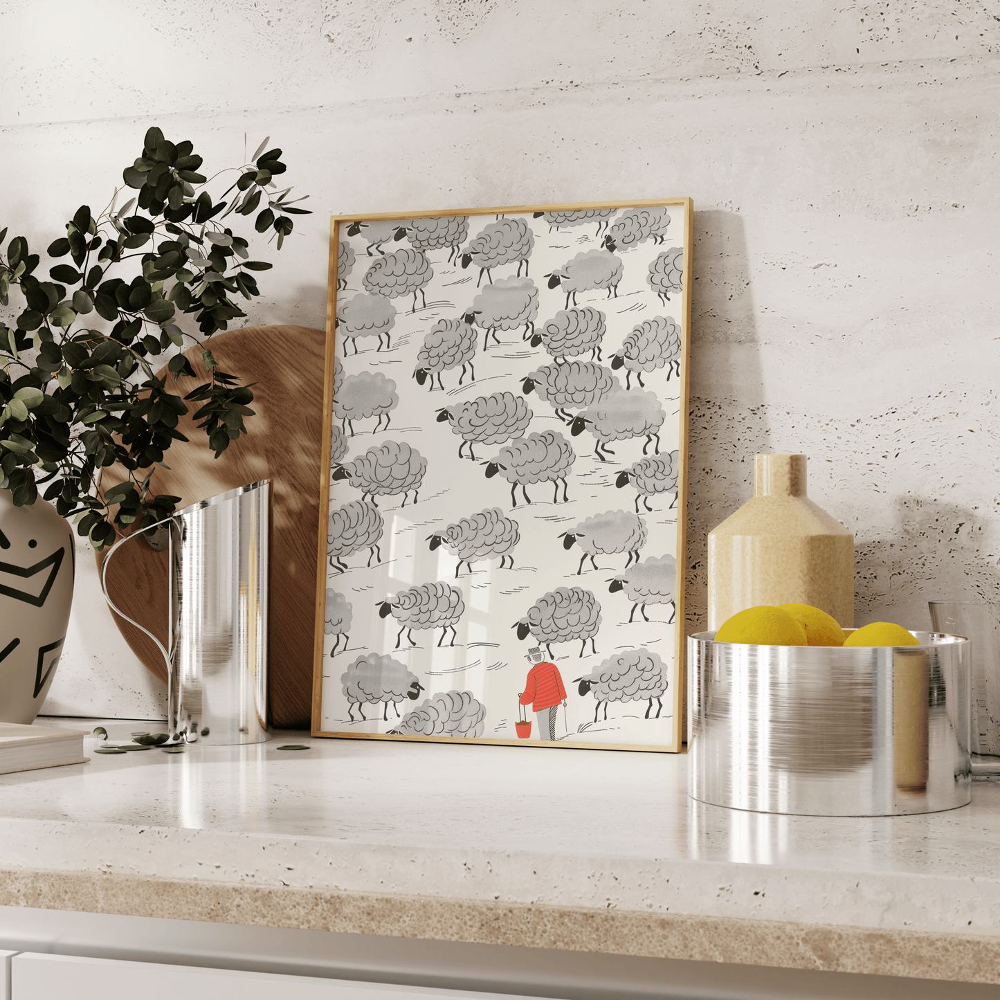 Painting of a gray sheep herd led by a man wearing bright red, leaning against the kitchen counter - Paw Prints