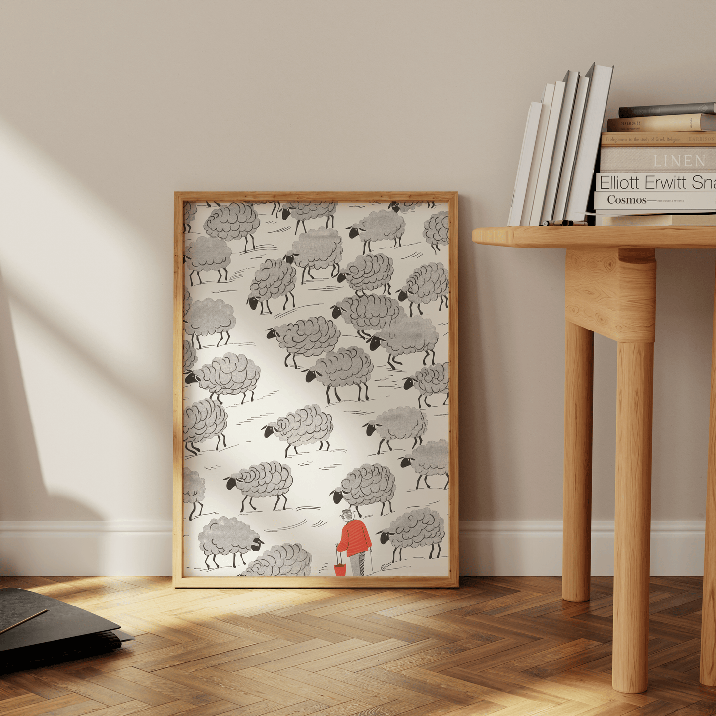 Painting of a gray sheep herd led by a man wearing bright red, leaning against the office wall - Paw Prints