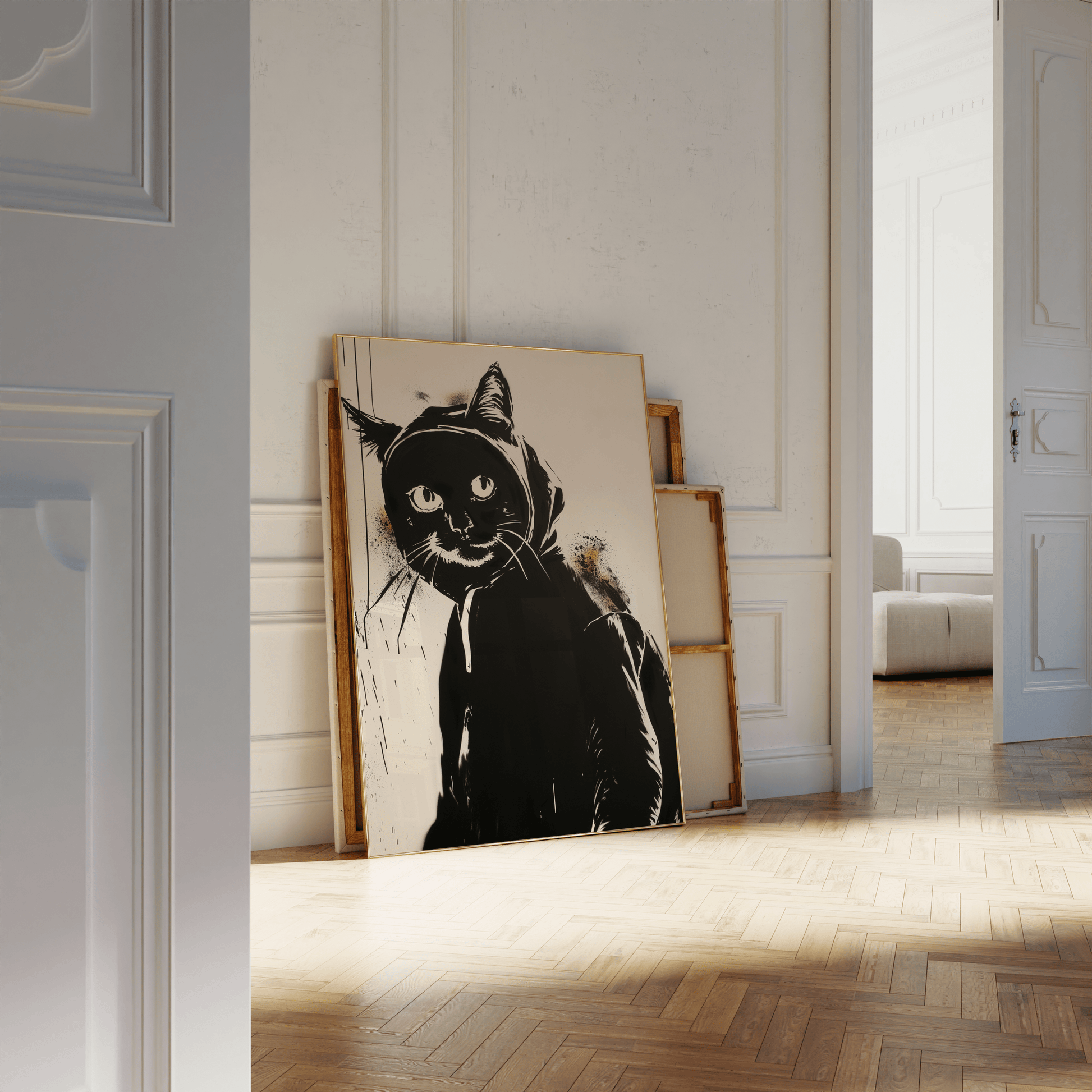 Graffiti painting of a cat wearing a hoodie and backpack, leaning against a white bathroom wall - Paw Prints