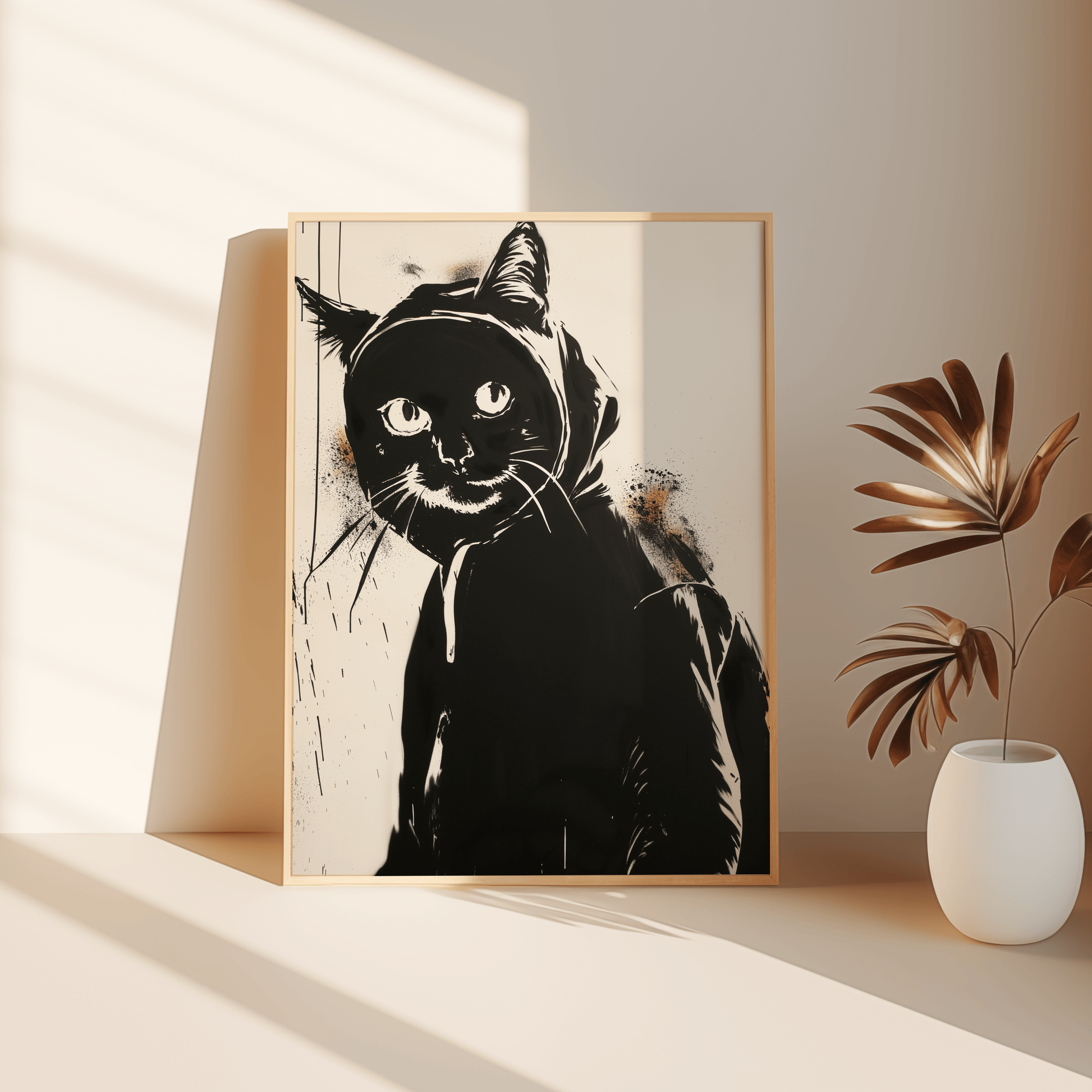 Graffiti painting of a cat wearing a hoodie and backpack, leaning against the bedroom floor - Paw Prints