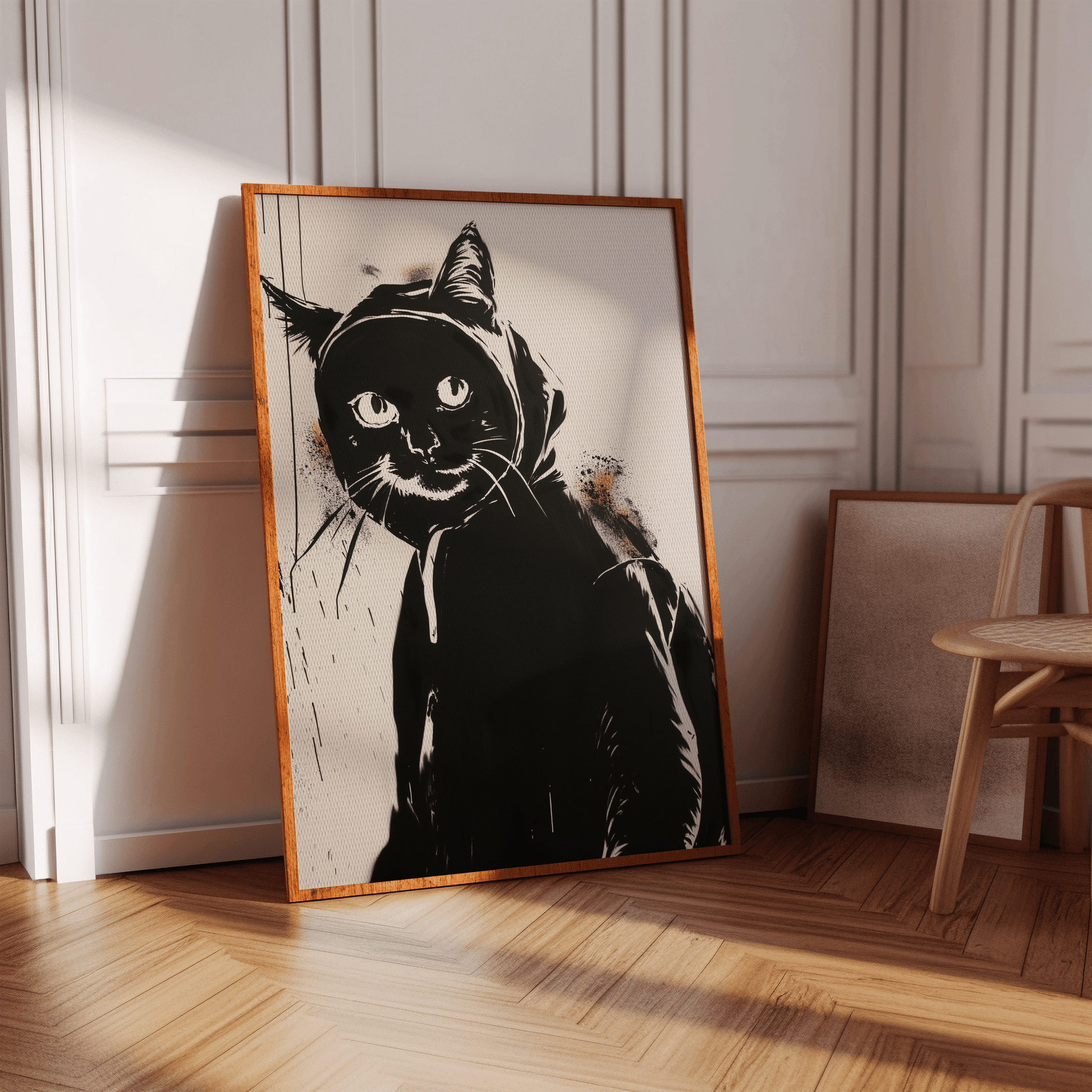 Graffiti painting of a cat wearing a hoodie and backpack, in the hallway - Paw Prints