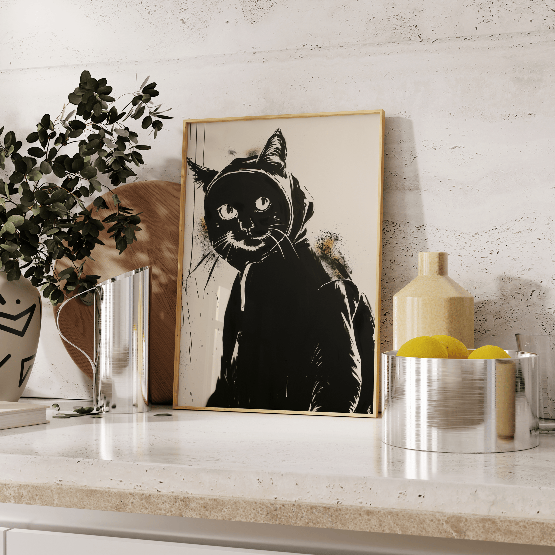 Graffiti painting of a cat wearing a hoodie and backpack, leaning against the kitchen counter - Paw Prints