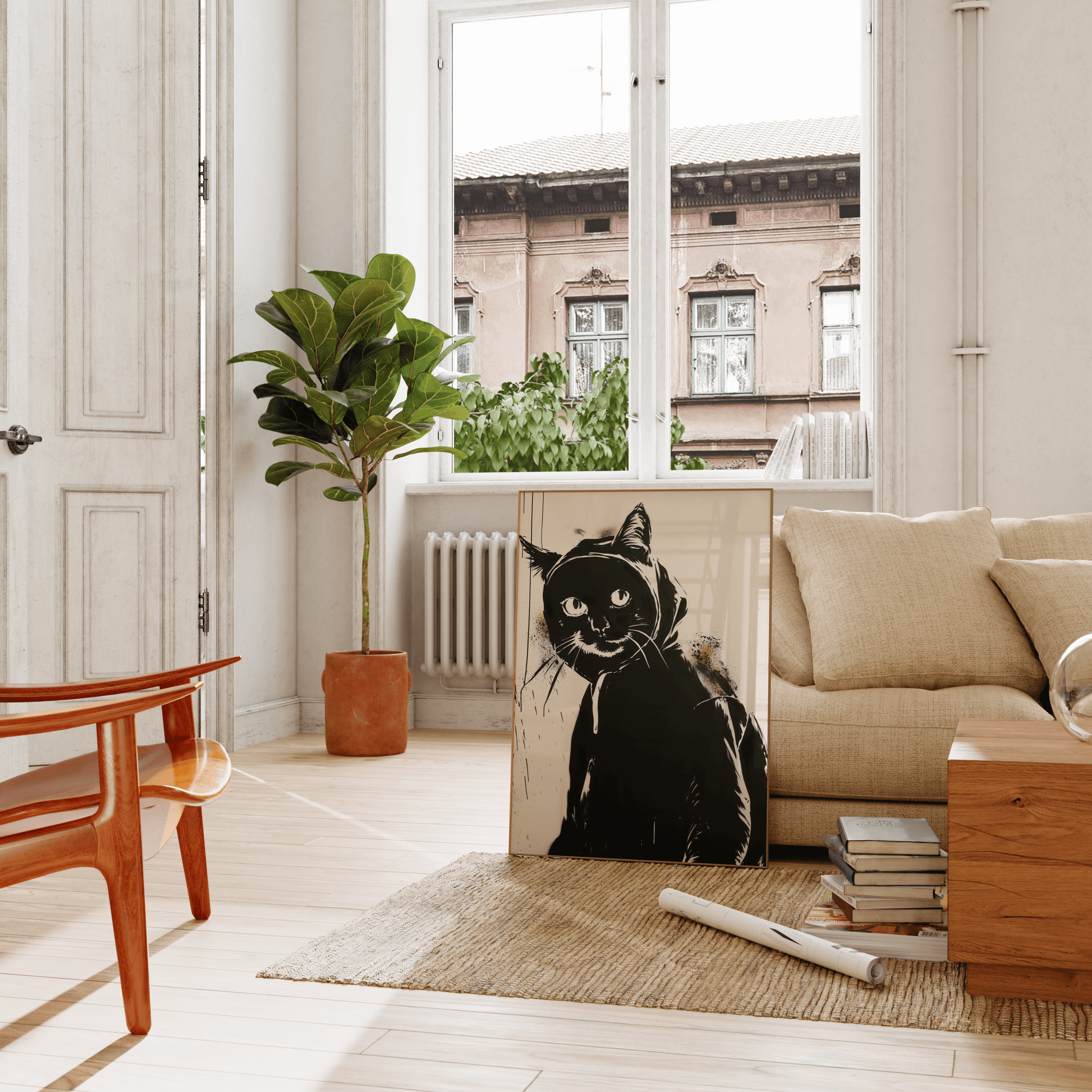 Graffiti painting of a cat wearing a hoodie and backpack, leaning against the living room couch - Paw Prints