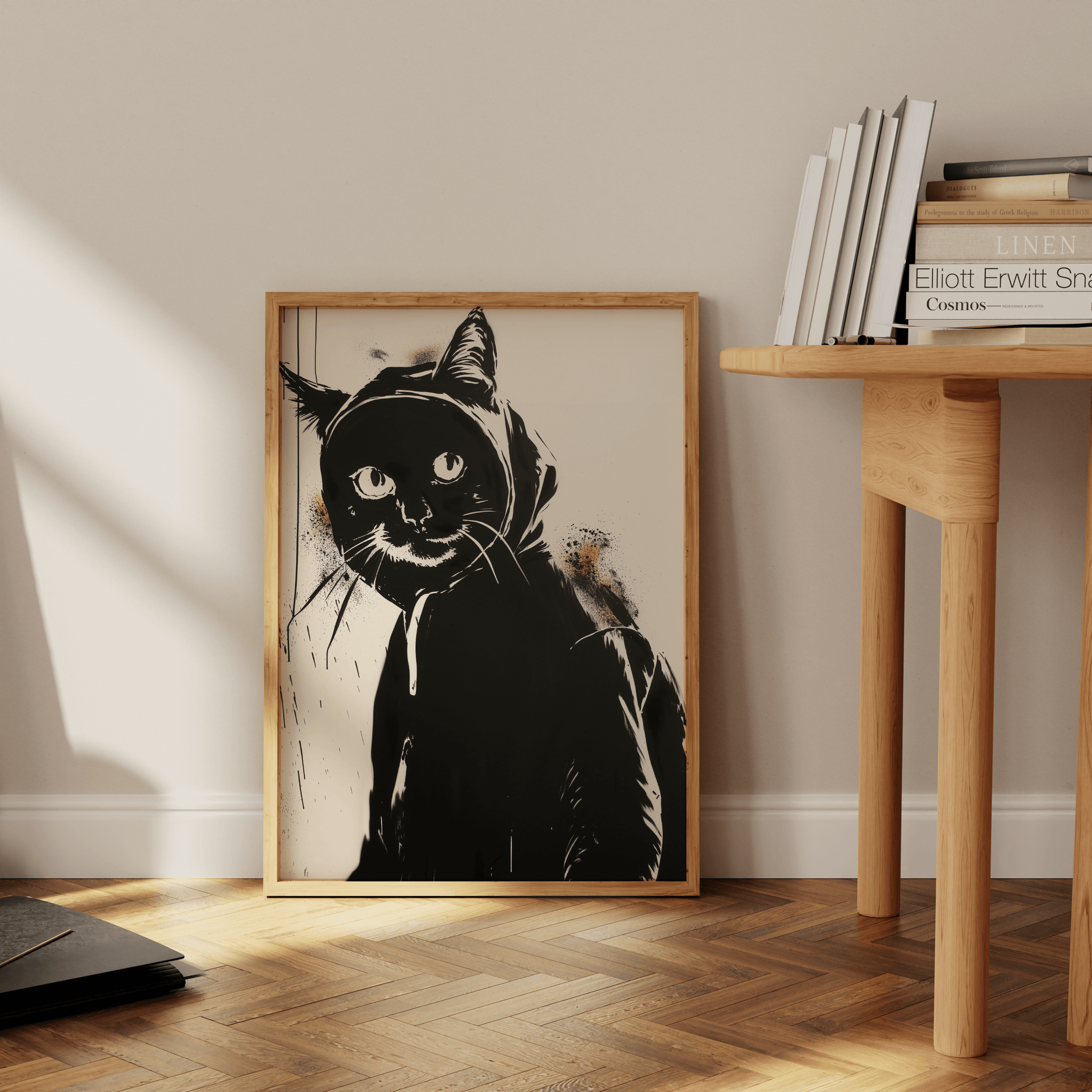 Graffiti painting of a cat wearing a hoodie and backpack, leaning against the office wall - Paw Prints