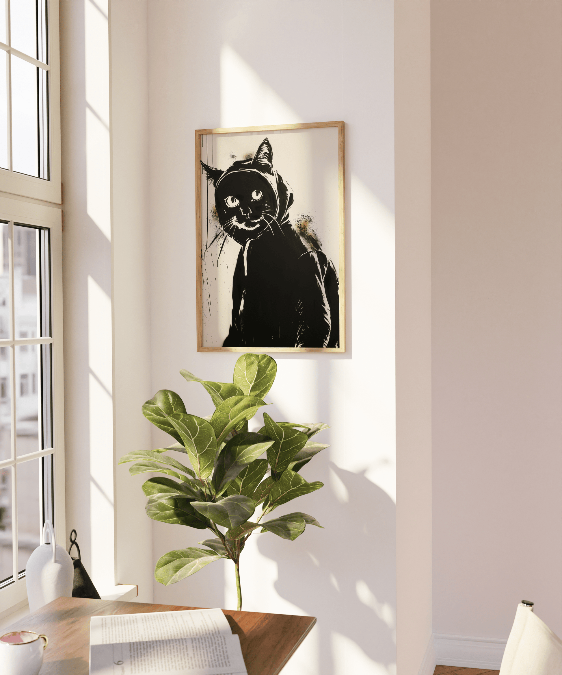 Graffiti painting of a cat wearing a hoodie and backpack, on a blank wall - Paw Prints