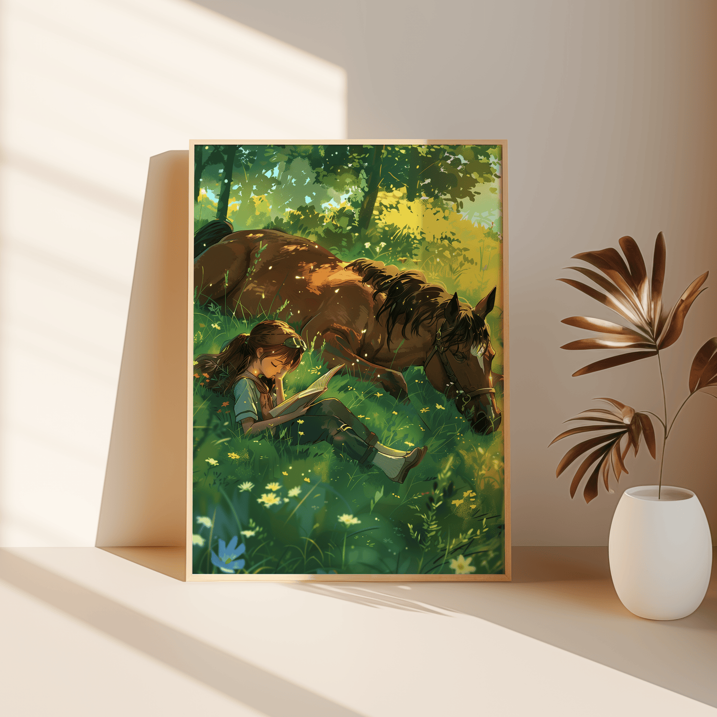Studio Ghibli painting of a girl reading on a grass field with her horse, leaning against the bedroom floor - Paw Prints