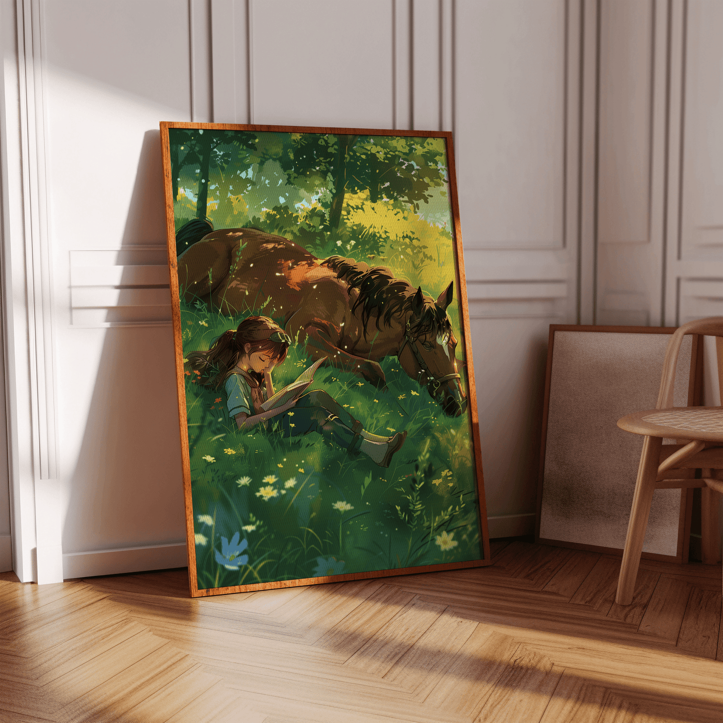 Studio Ghibli painting of a girl reading on a grass field next to her horse, in a hallway - Paw Prints