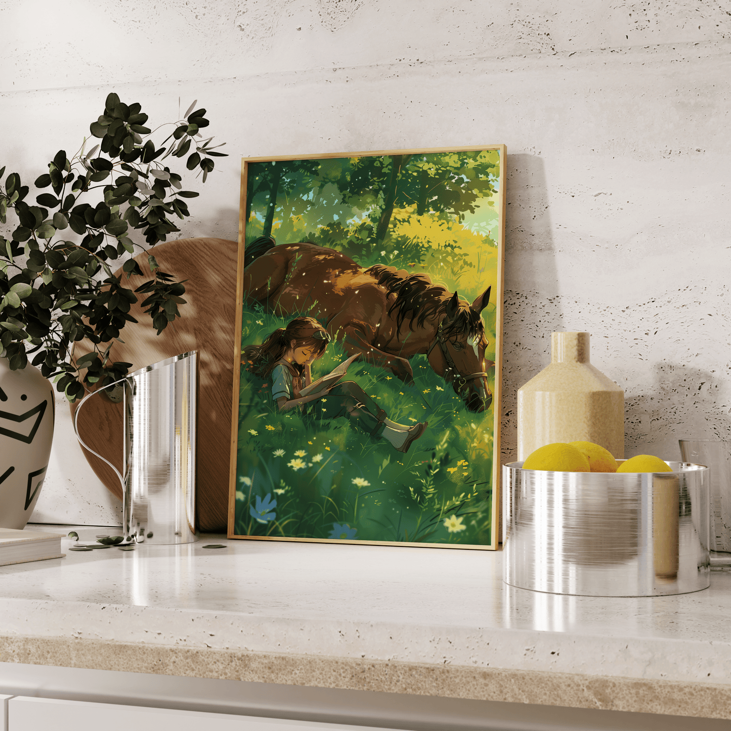 Studio Ghibli painting of a girl reading on a grass field with her horse, leaning against the kitchen counter - Paw Prints