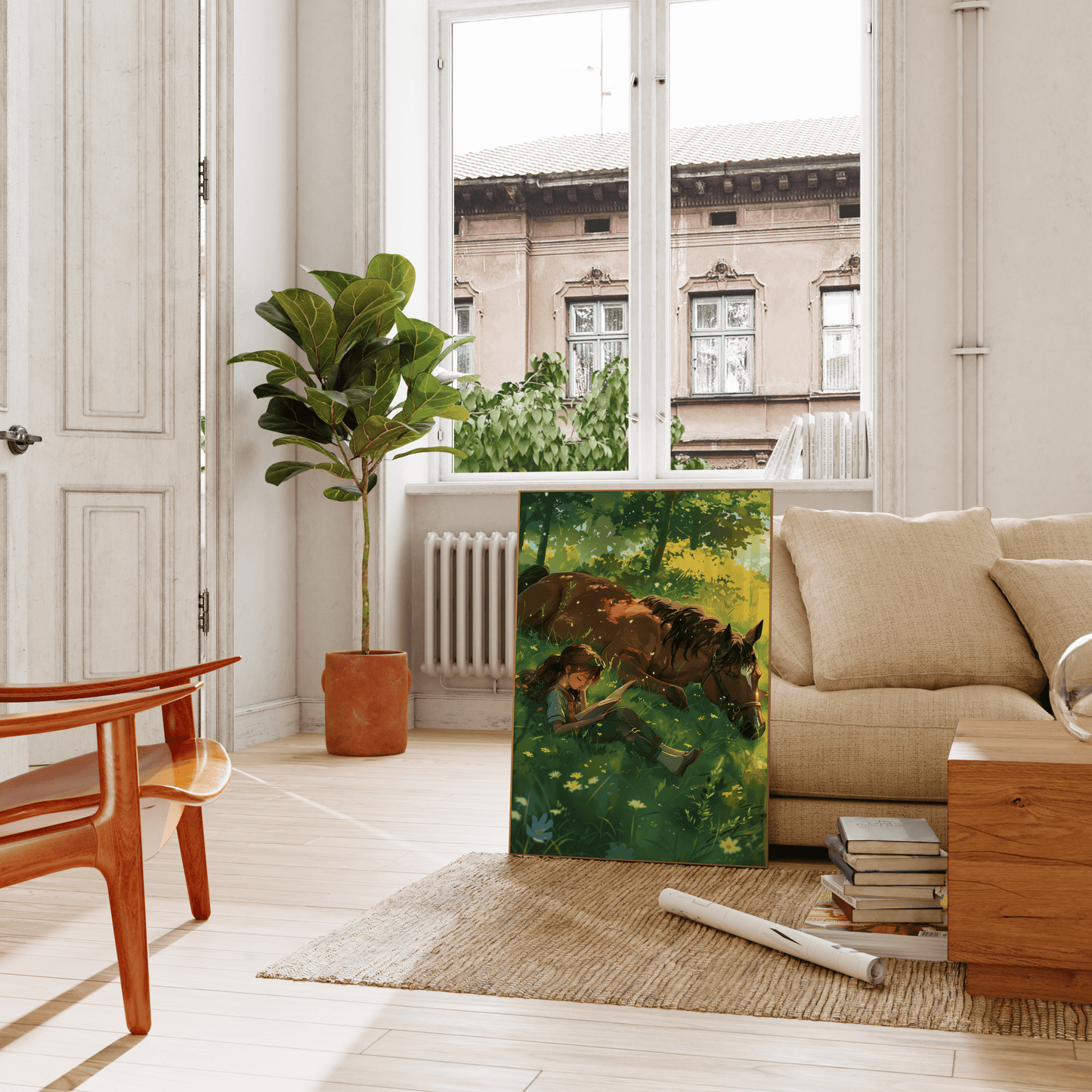 Studio Ghibli painting of a girl reading on a grass field with her horse, leaning against the living room couch - Paw Prints