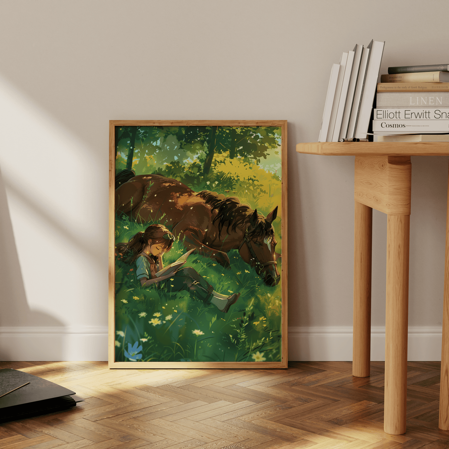 Studio Ghibli painting of a girl reading on a grass field with her horse, leaning against the office wall - Paw Prints