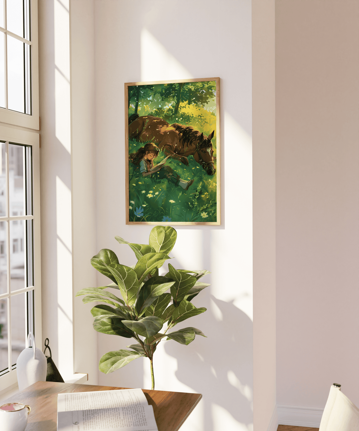 Studio Ghibli painting of a girl reading on a grass field with her horse, on a blank wall - Paw Prints