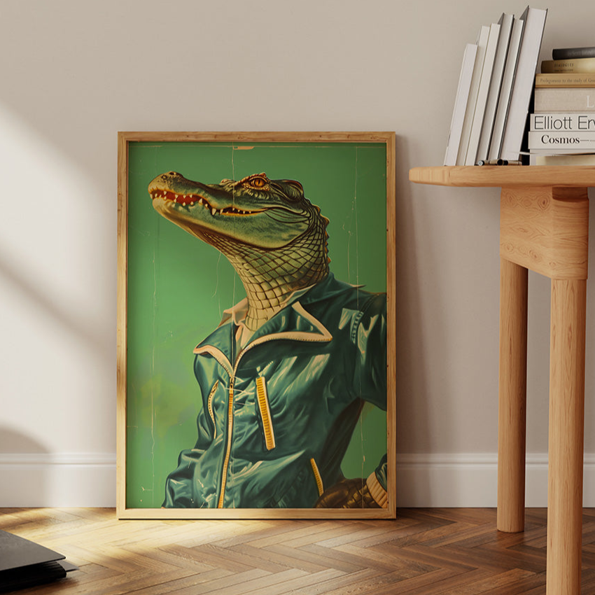 A vintage poster of a crocodile wearing a tracksuit - Paw Prints