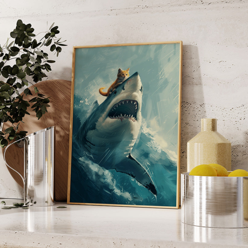 A painting of an orange cat riding a great white shark in angry waters - Paw Prints