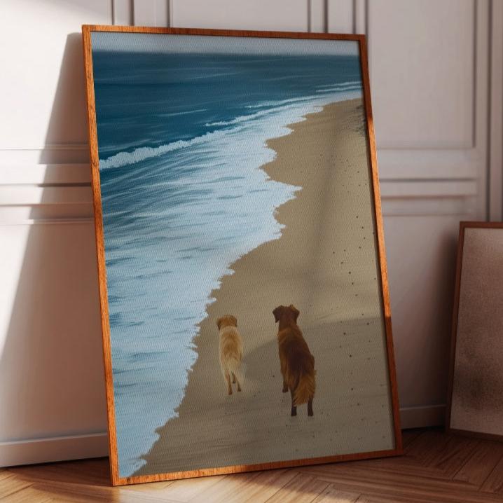 Framed painting of 2 golden retrievers at the beach