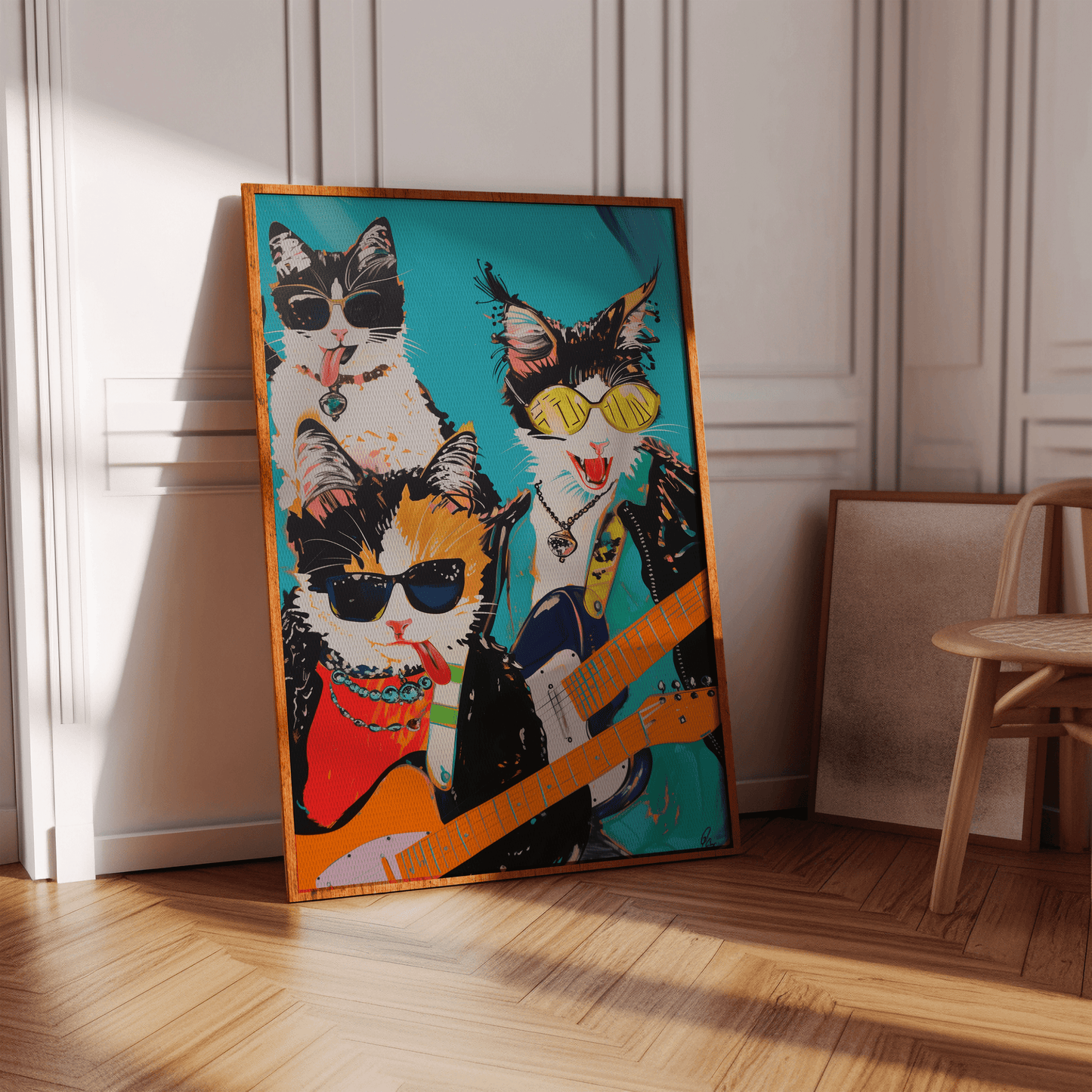 Framed poster of a rock band with three cats in leather jackets, holding electric guitars, in a hallway - Paw Prints