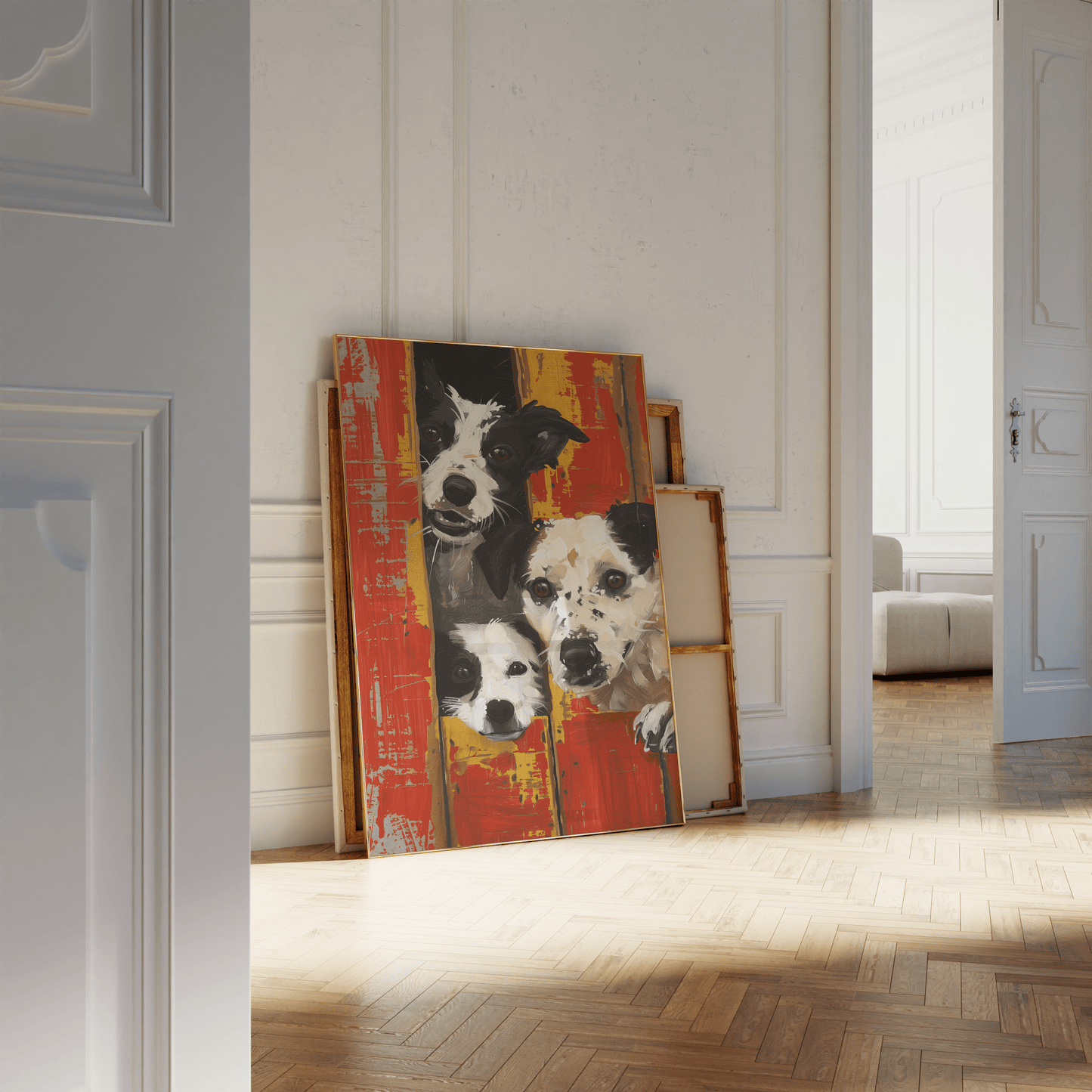 Banksy framed painting of three farm dogs peaking out of red barn doors, leaning against a white bathroom wall. - Paw Prints