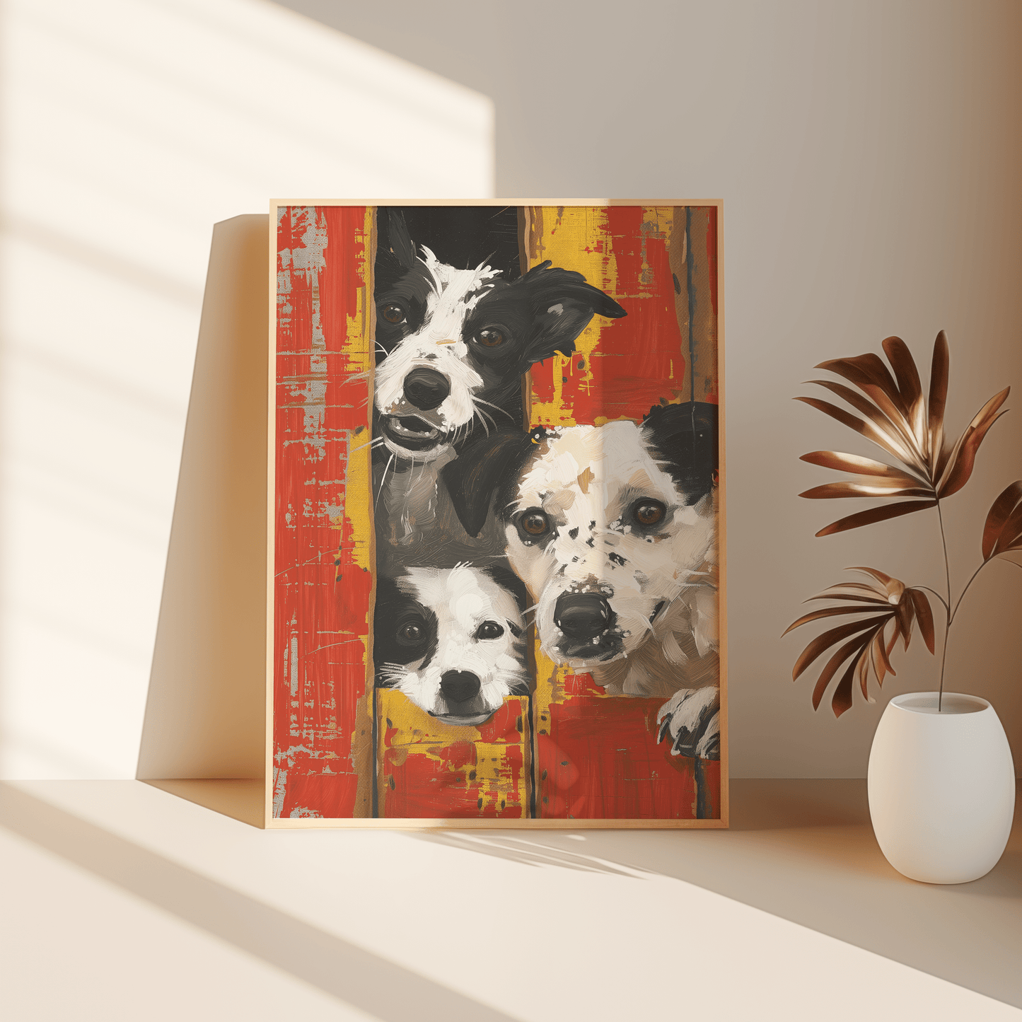 Banksy framed painting of three farm dogs peaking out of red barn doors, leaning against the bedroom floor. - Paw Prints