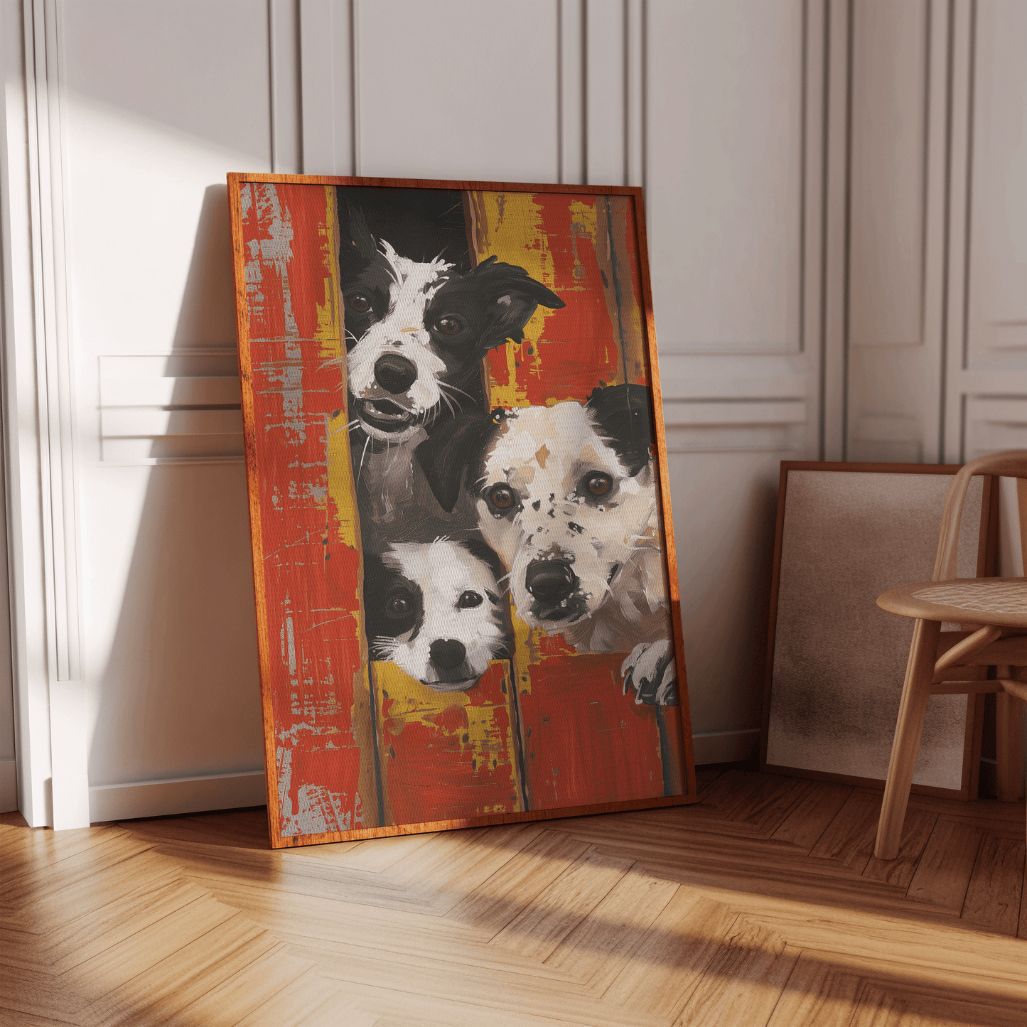 Banksy framed painting of three farm dogs peaking out of red barn doors, in a hallway - Paw Prints