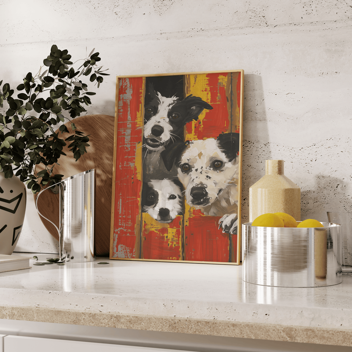 Banksy framed painting of three farm dogs peaking out of red barn doors, leaning against the kitchen counter. - Paw Prints