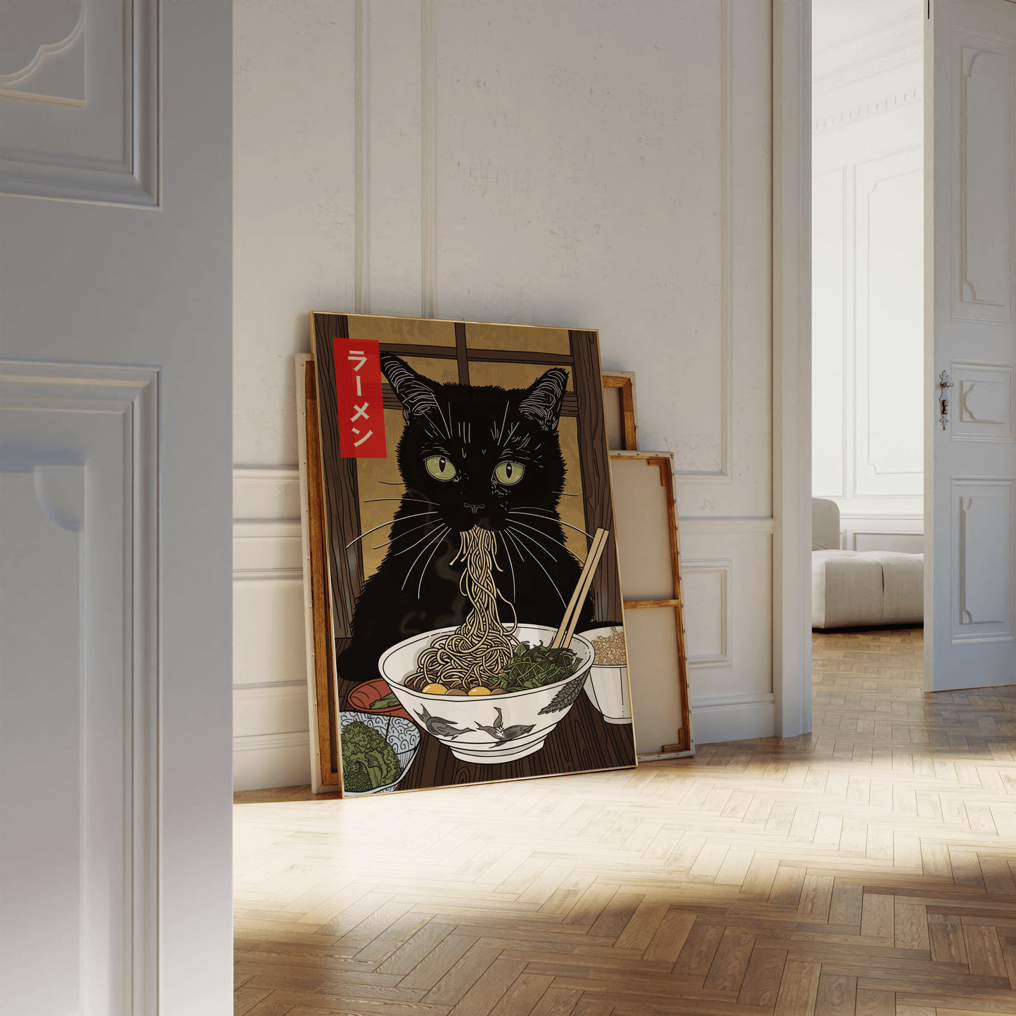 Framed painting of a black cat eating miso ramen at a Japanese ramen shop, in the bathroom - Paw Prints