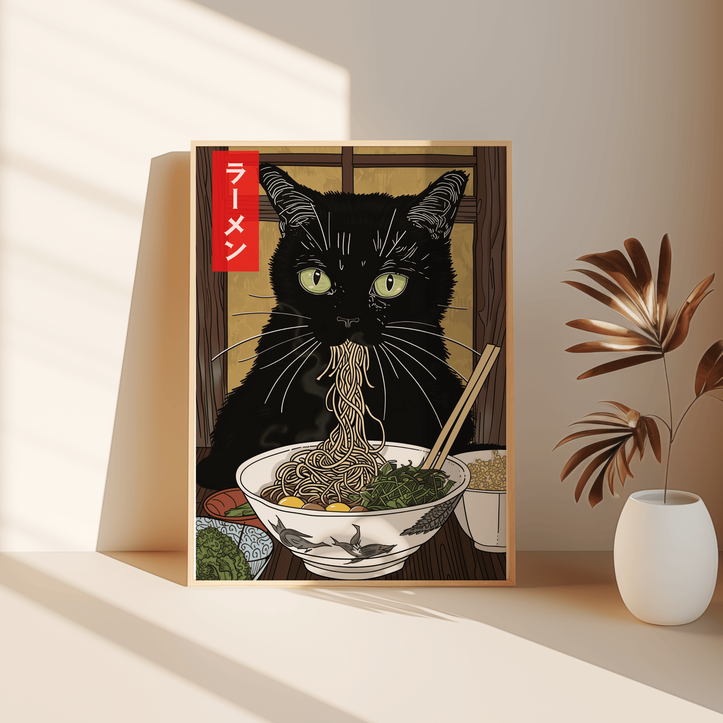 Framed painting of a black cat eating miso ramen at a Japanese ramen shop, in the bedroom - Paw Prints