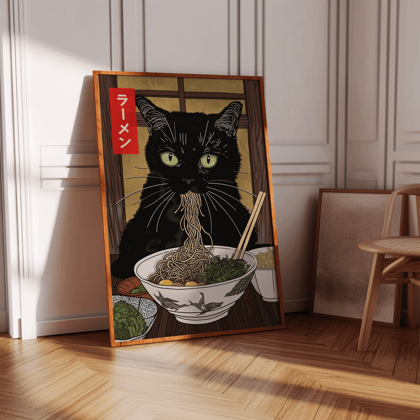 The "Tokyo Miso" framed, high-quality poster from My Store depicts a black cat with large green eyes eating ramen, propped against a wall. The cat has noodles dangling from its mouth, and the background showcases wooden and shoji screen elements, with the Japanese word for ramen in red text on the left. Available in multiple sizes, it's perfect for home decor.