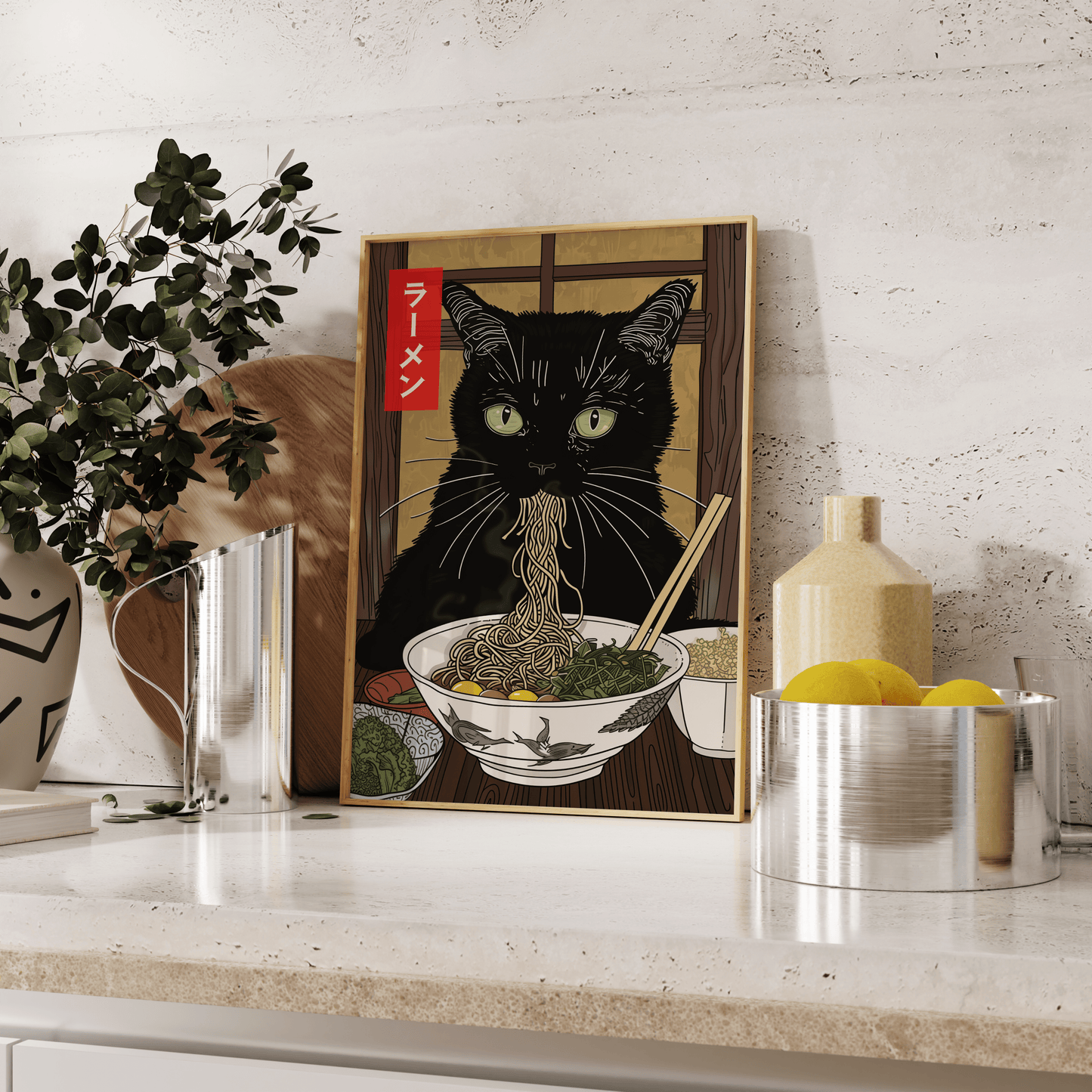 Framed painting of a black cat eating miso ramen at a Japanese ramen shop, in the kitchen - Paw Prints