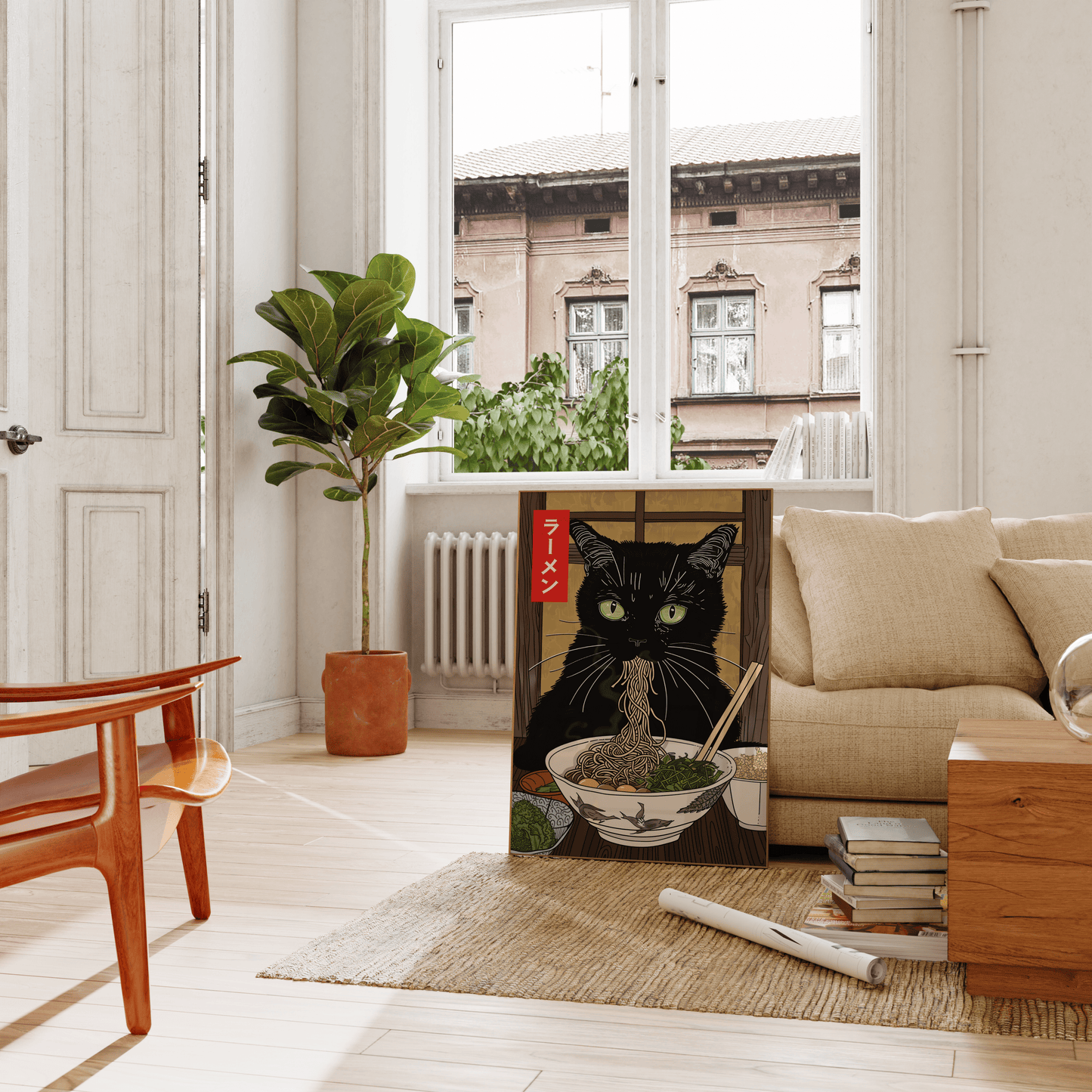 Framed painting of a black cat eating miso ramen at a Japanese ramen shop, in the living room - Paw Prints