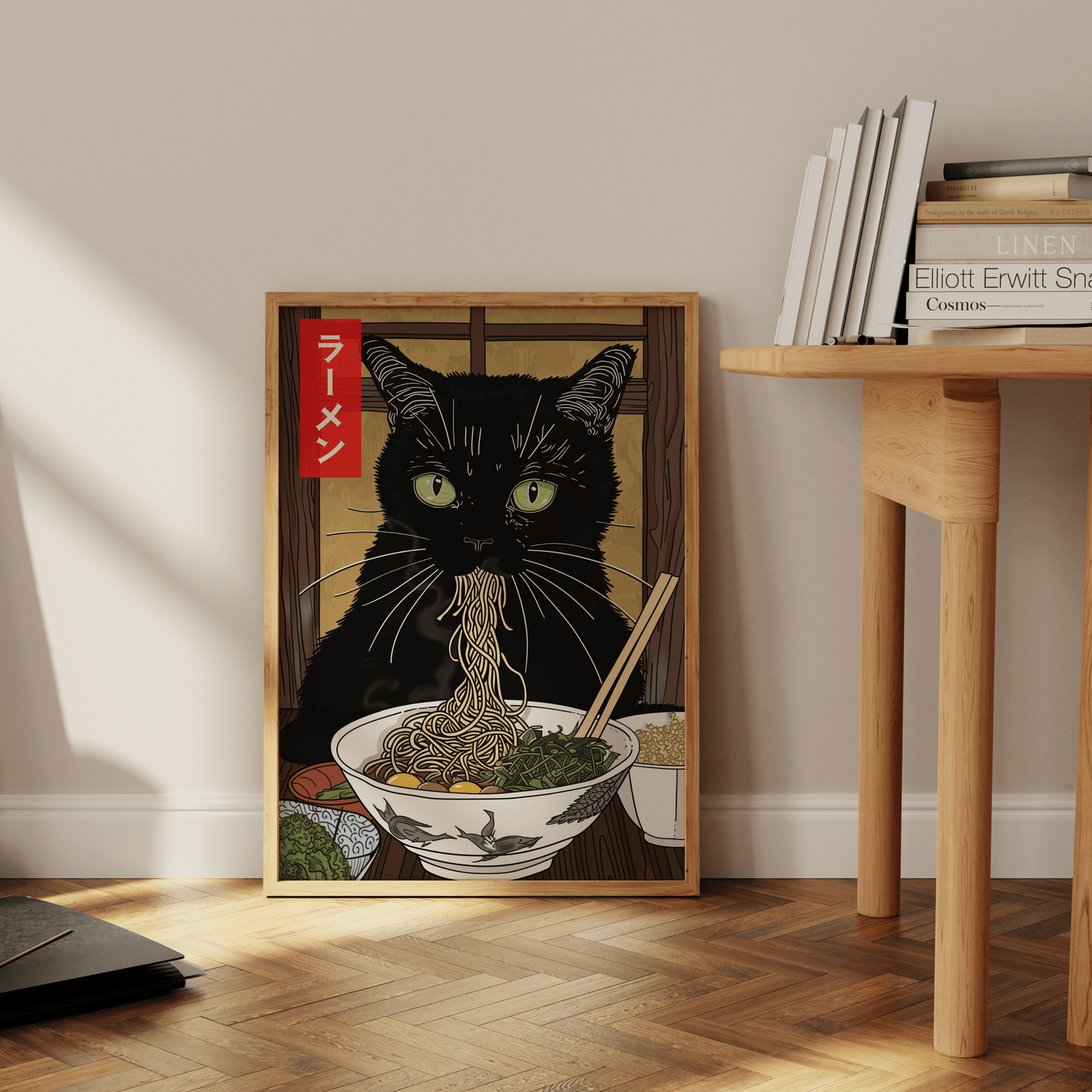 Framed painting of a black cat eating miso ramen at a Japanese ramen shop, in the office - Paw Prints