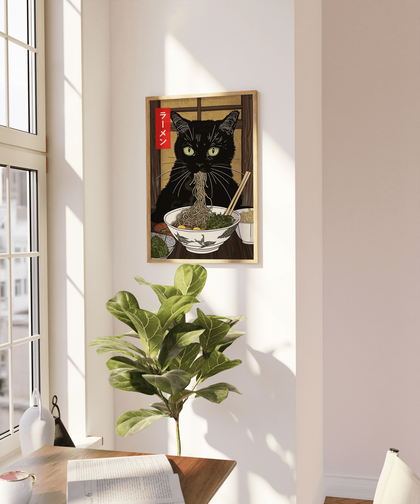 A framed artwork titled "Tokyo Miso" by My Store, featuring a black cat eating ramen, is hanging on a wall next to a sunlit window, adding charm to your home decor. Below, a green potted plant and a wooden table with a white book and pepper grinder are visible. Light streams into the room, illuminating the high-quality poster.