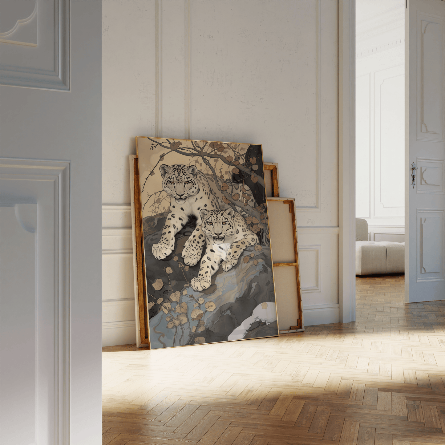 Painting of two twin snow leopards laying in nature, leaning against a white bathroom wall - Paw Prints