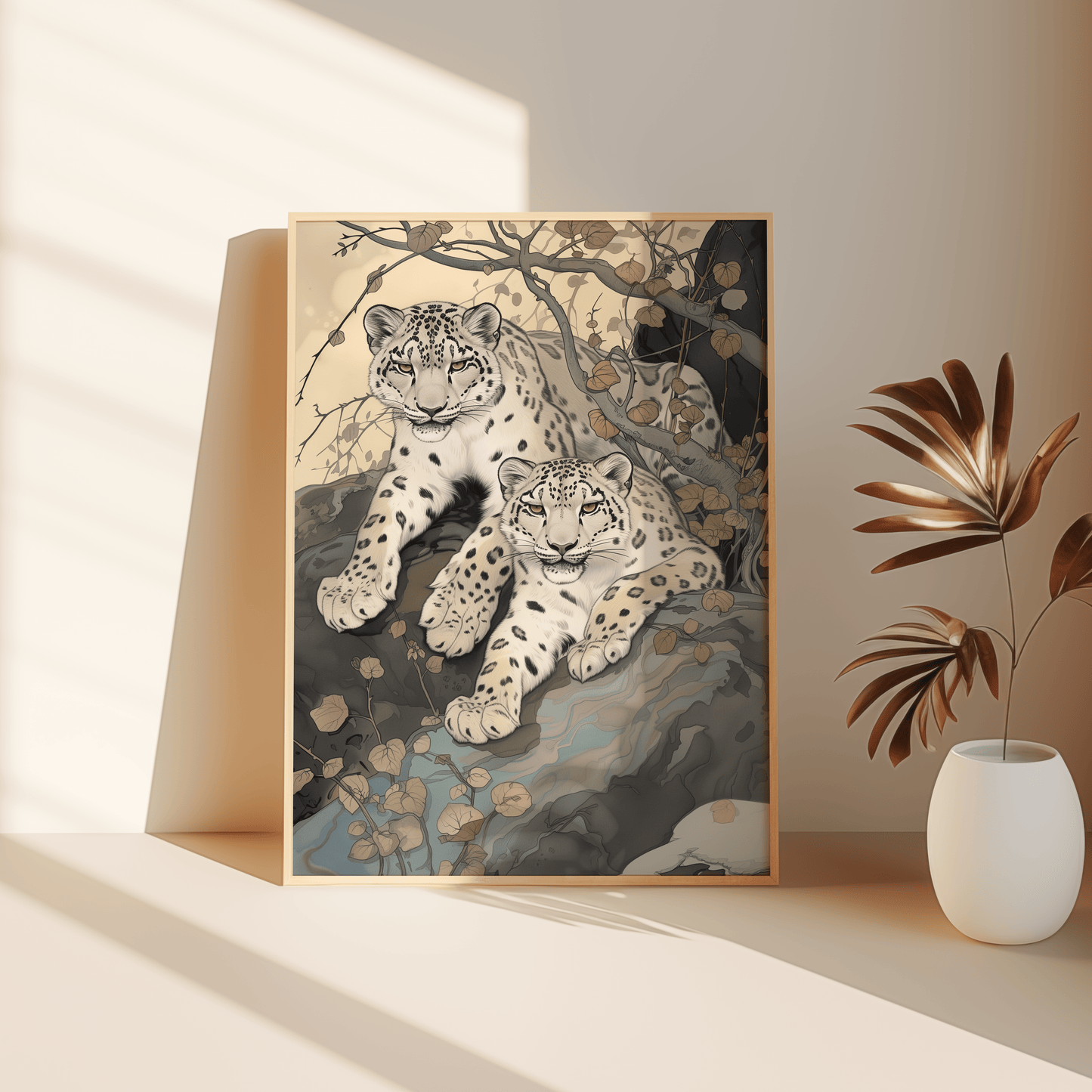 Painting of two twin snow leopards laying in nature, leaning against the bedroom floor - Paw Prints