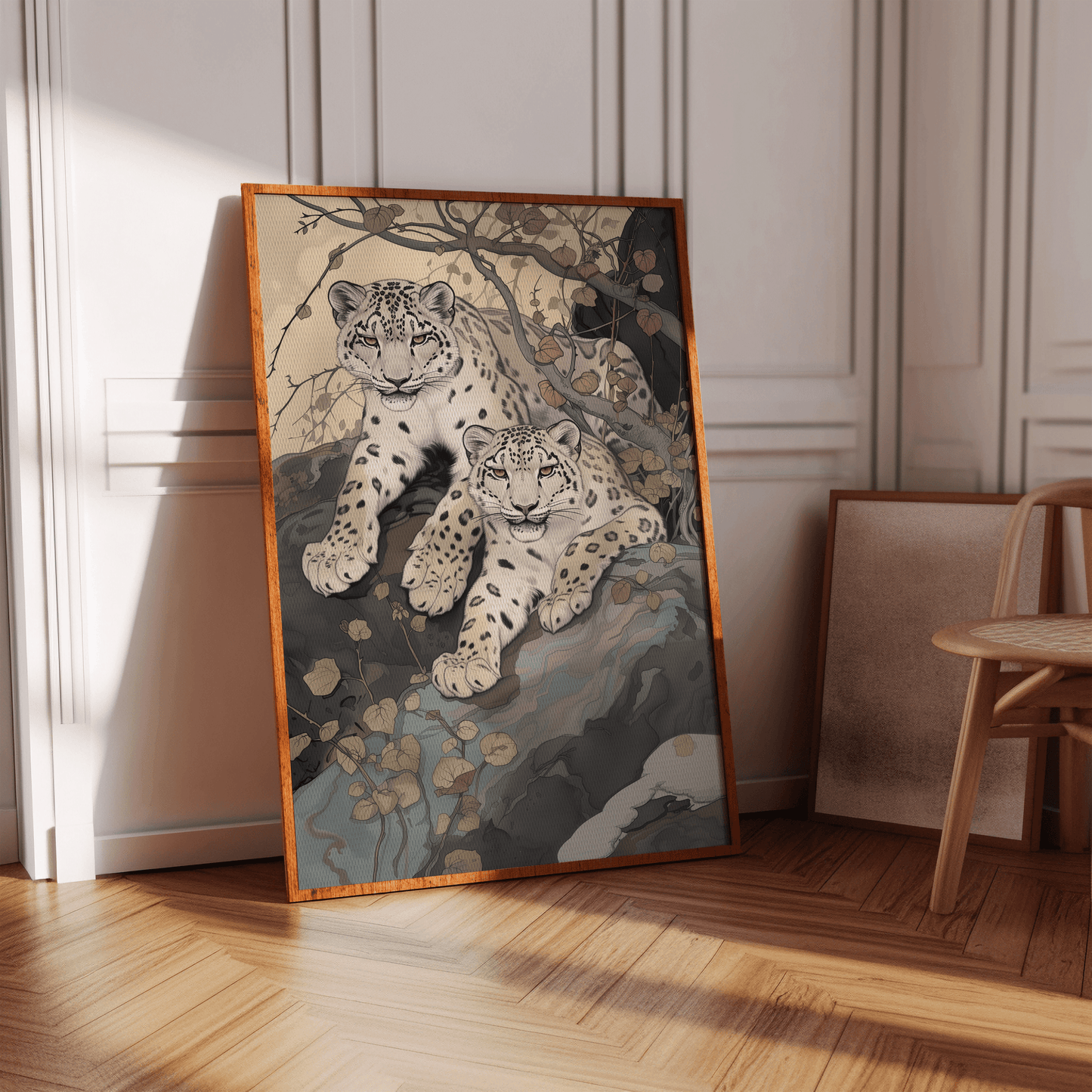 Painting of two twin snow leopards laying in nature, in a white Victorian hallway in view of natural sunlight. - Paw Prints