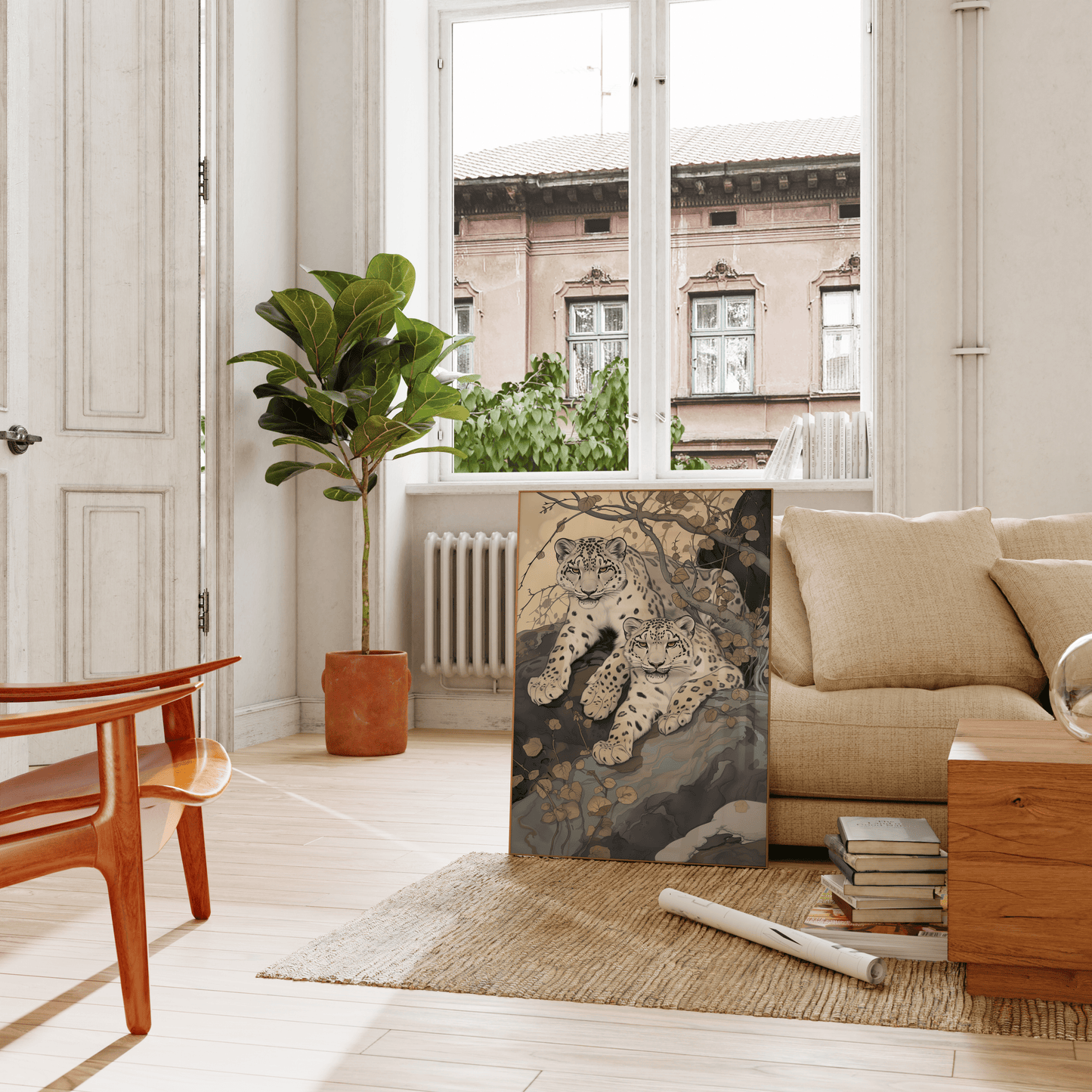 Painting of two twin snow leopards laying in nature, leaning against the living room couch - Paw Prints