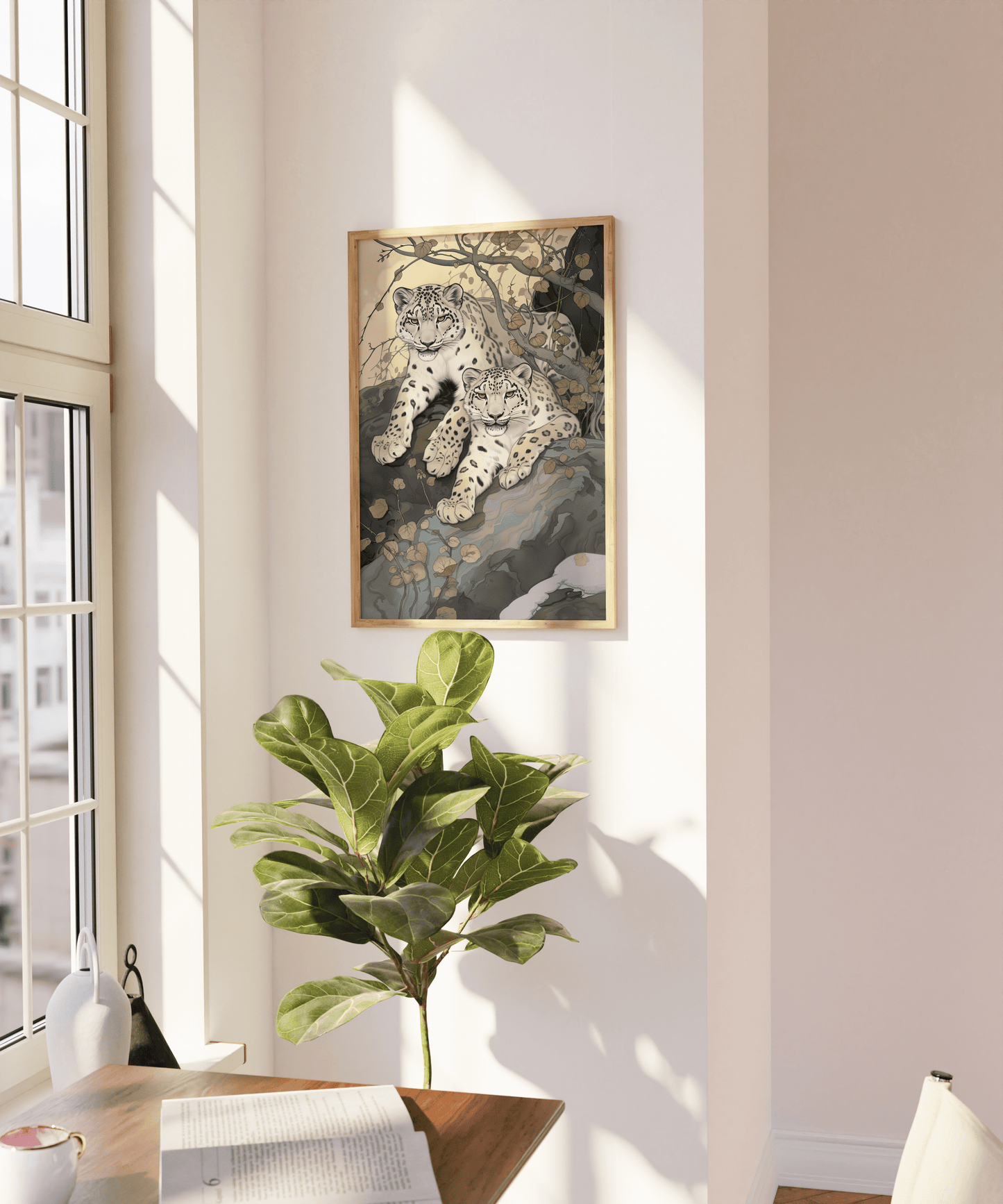 Painting of two twin snow leopards laying in nature, on a blank wall - Paw Prints